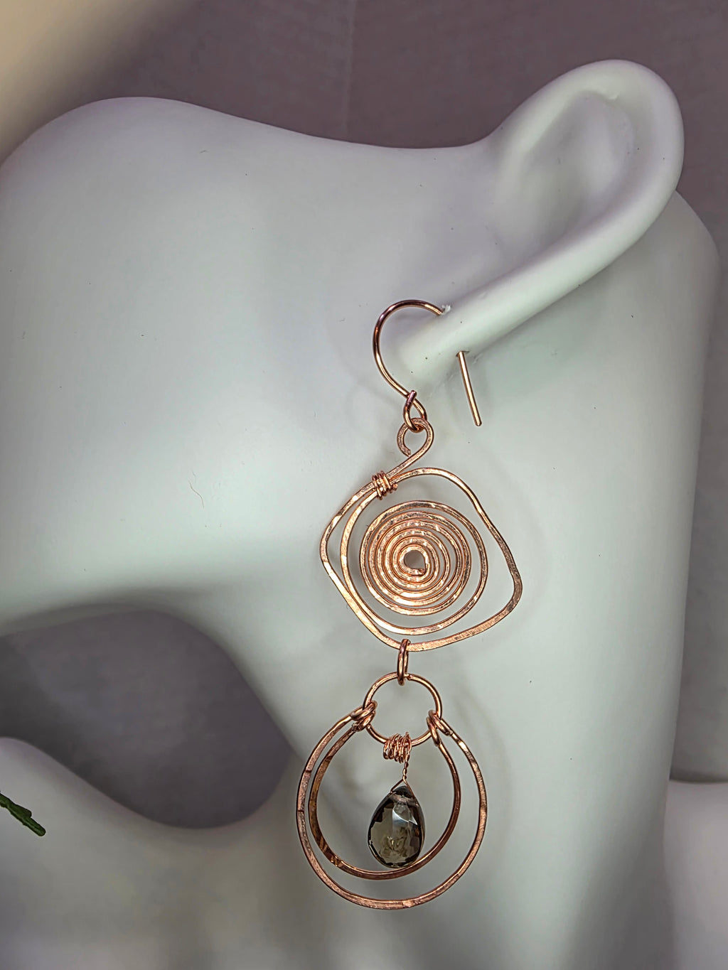 Handmade Wire Wrapped Copper Maze Spiral Twist Earrings with Smoky Quartz Drop