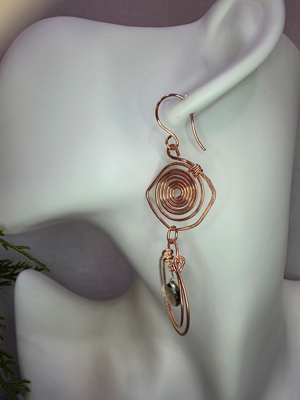 Handmade Wire Wrapped Copper Maze Spiral Twist Earrings with Smoky Quartz Drop