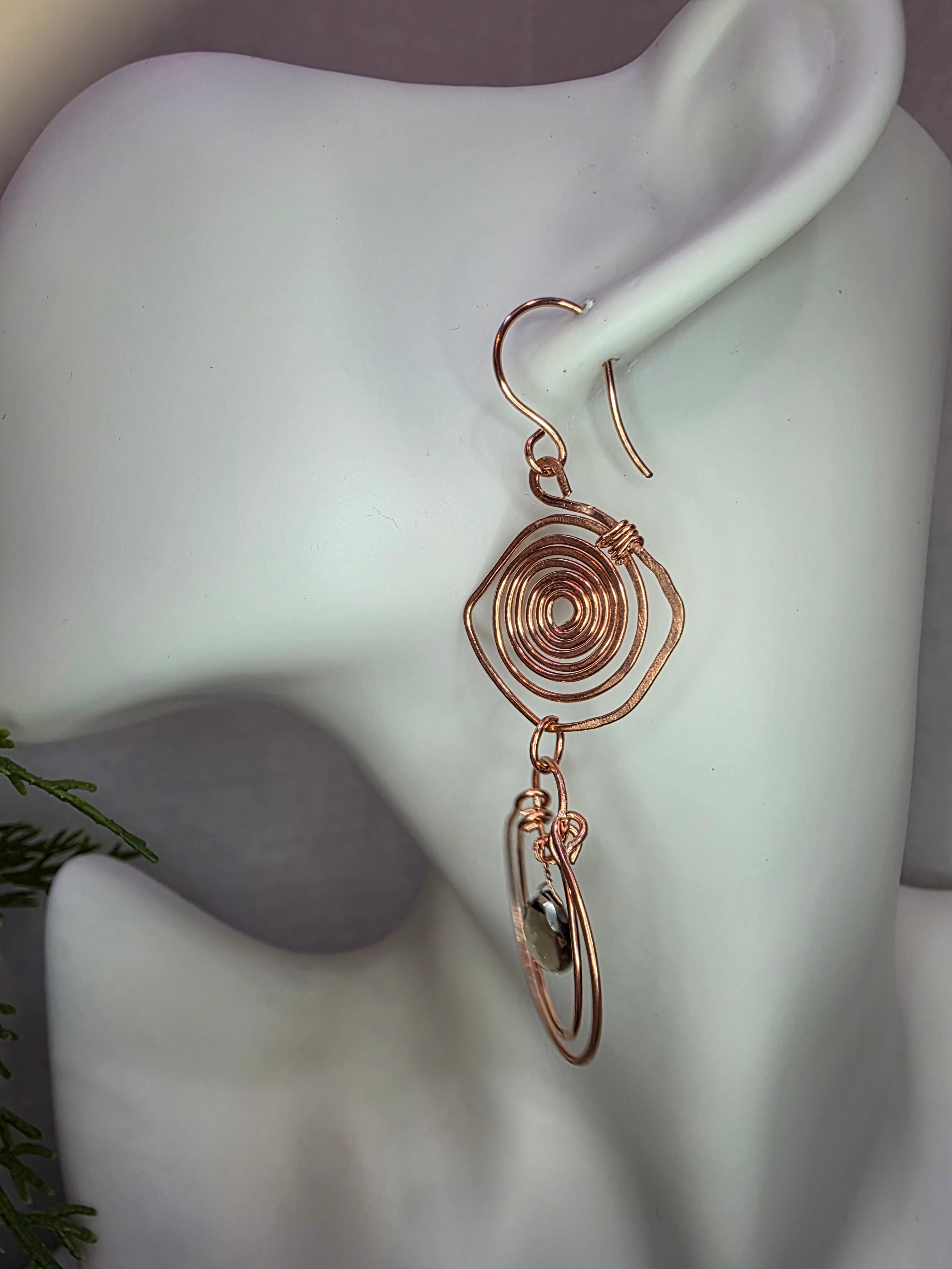 Handmade Wire Wrapped Copper Maze Spiral Twist Earrings with Smoky Quartz Drop