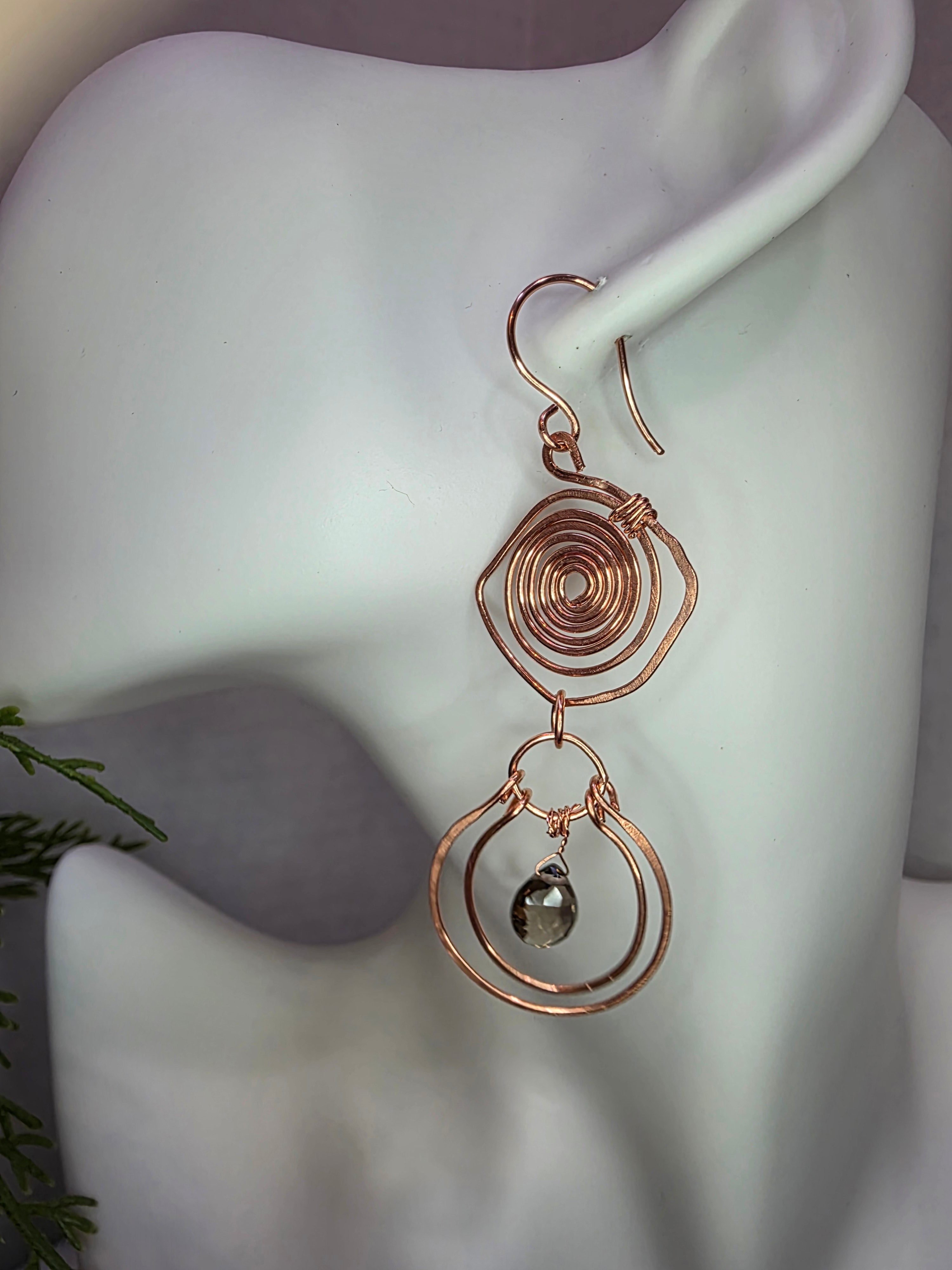 Handmade Wire Wrapped Copper Maze Spiral Twist Earrings with Smoky Quartz Drop