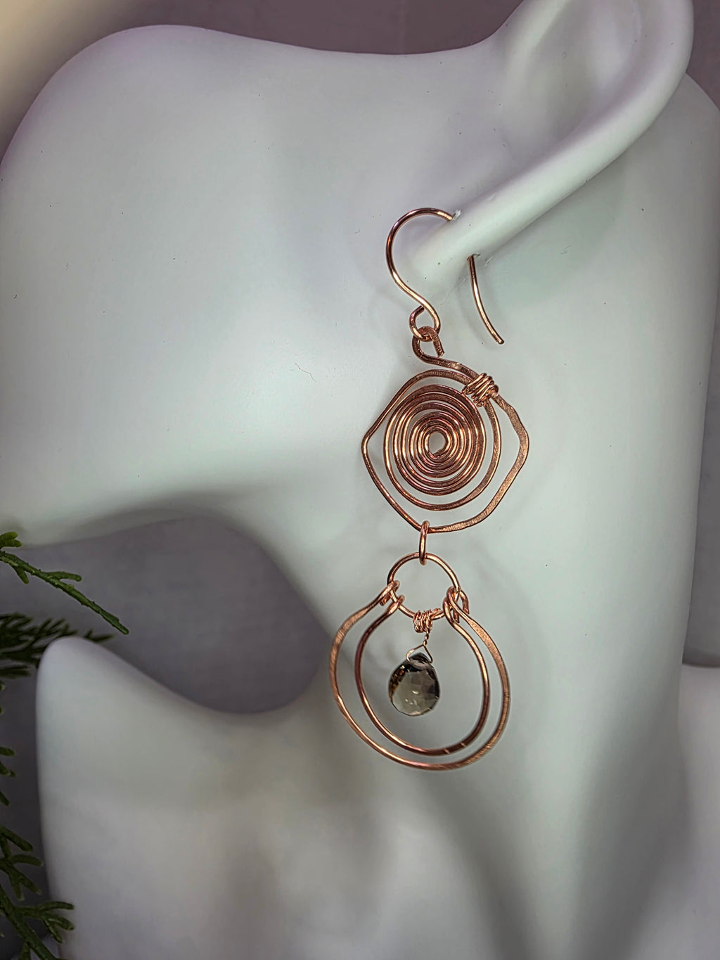 Handmade Wire Wrapped Copper Maze Spiral Twist Earrings with Smoky Quartz Drop