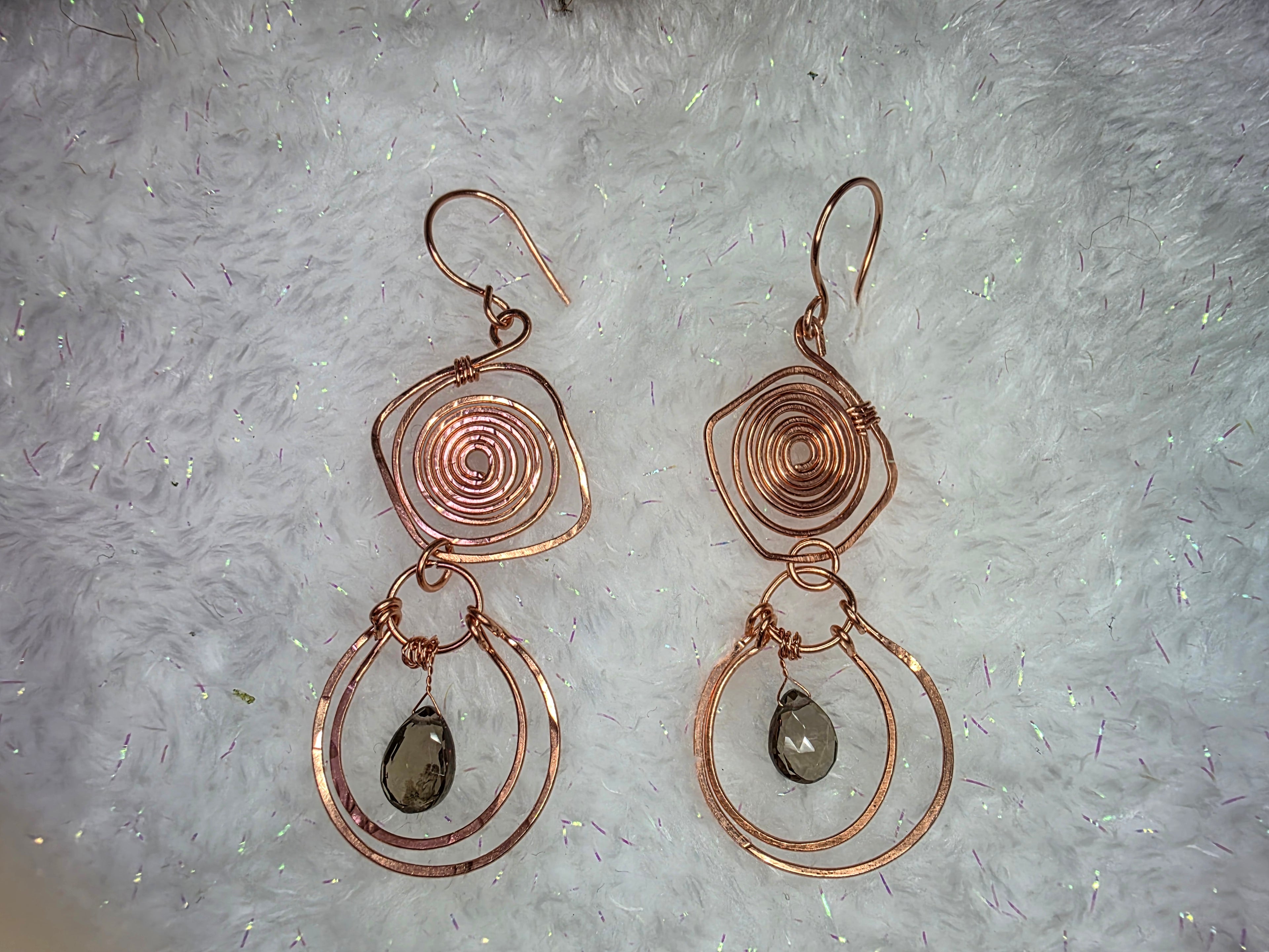 Handmade Wire Wrapped Copper Maze Spiral Twist Earrings with Smoky Quartz Drop