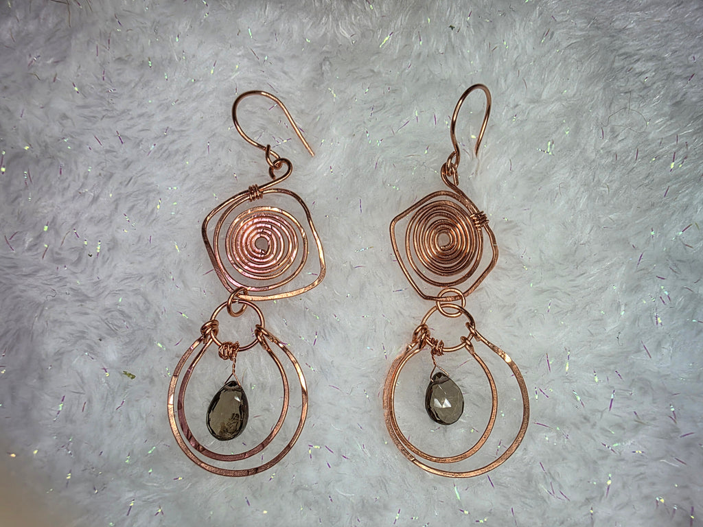 Handmade Wire Wrapped Copper Maze Spiral Twist Earrings with Smoky Quartz Drop