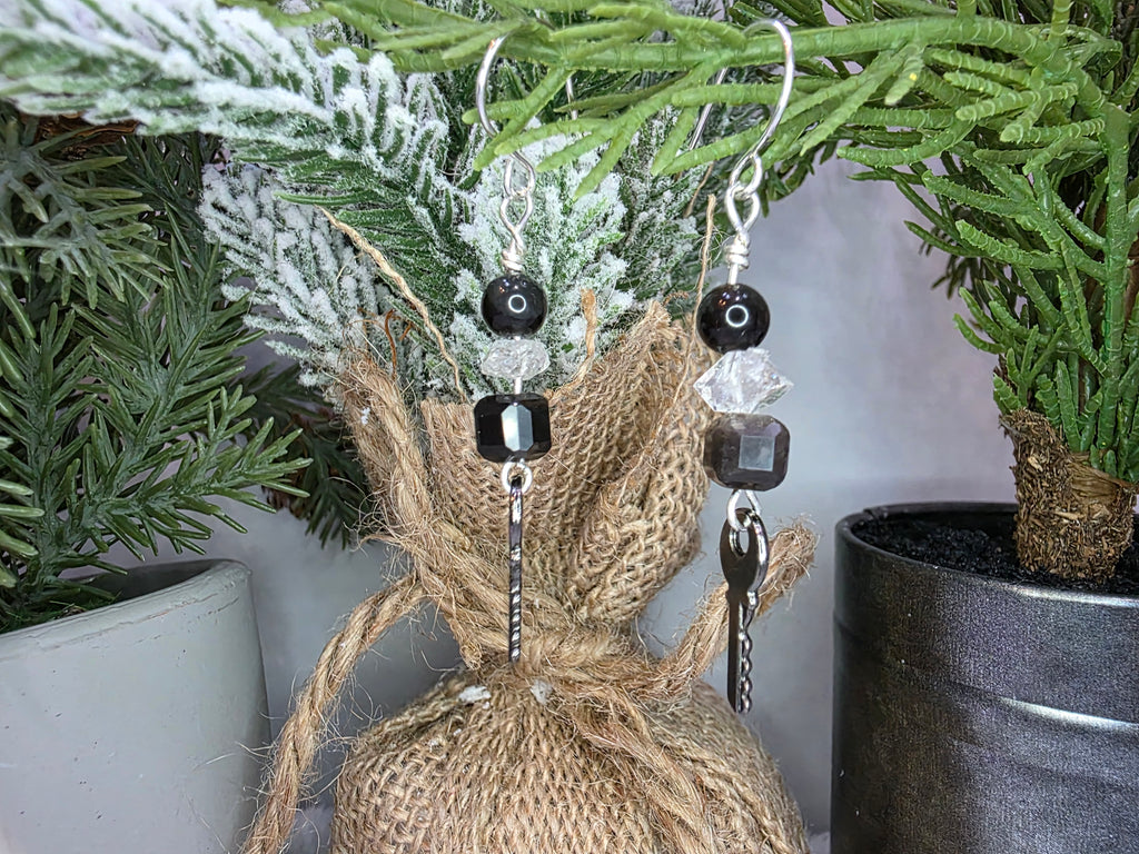 Sterling Silver Key Dangle earrings with Herkimer Diamonds and Silver Obsidian