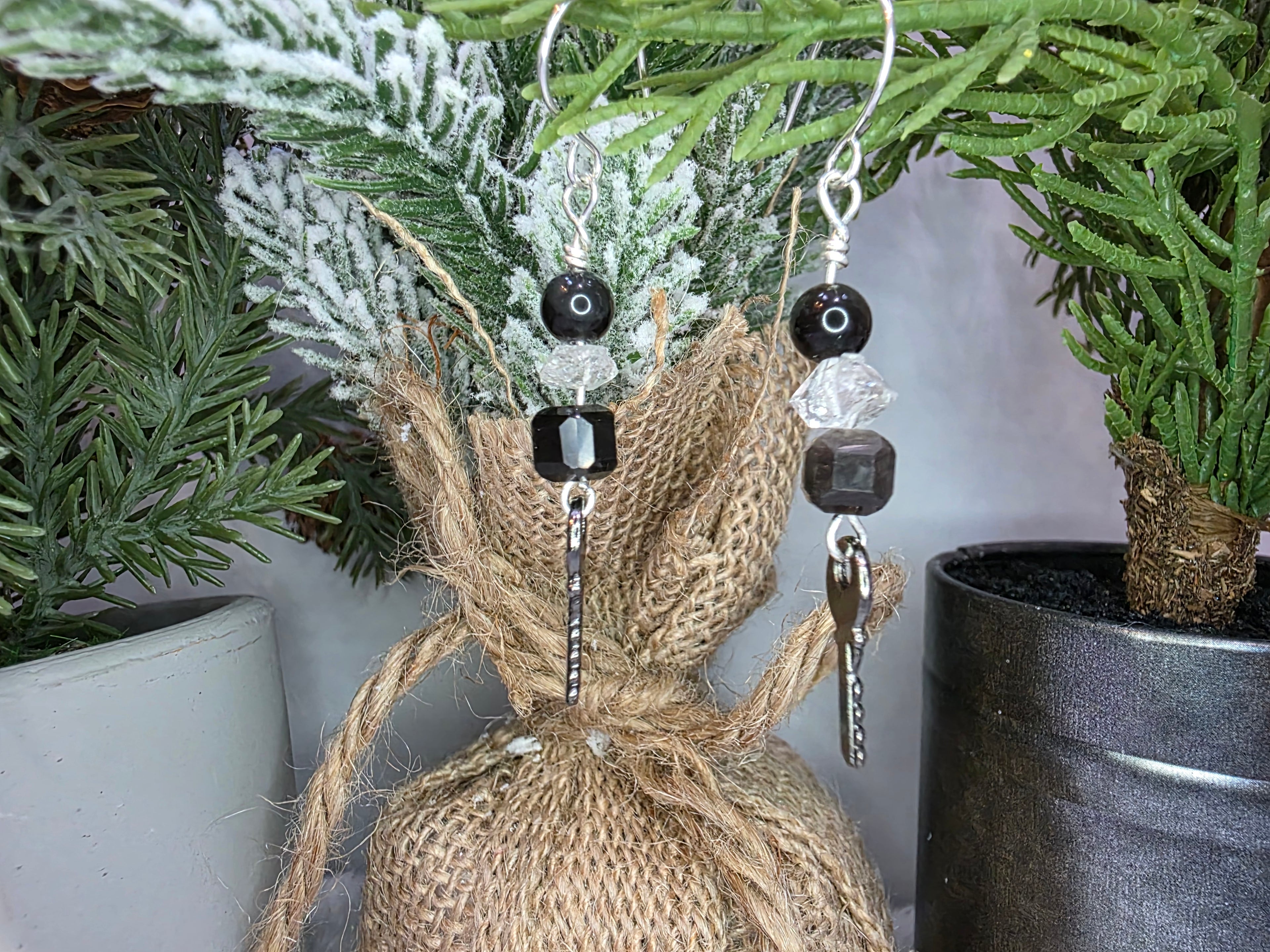 Sterling Silver Key Dangle earrings with Herkimer Diamonds and Silver Obsidian