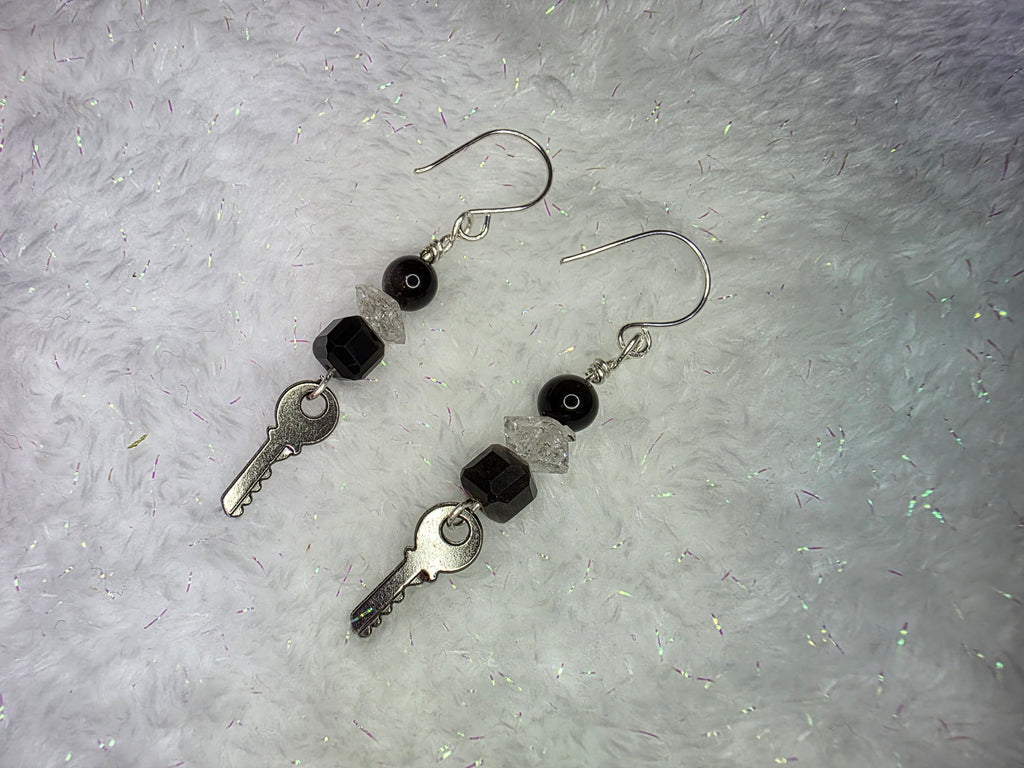Sterling Silver Key Dangle earrings with Herkimer Diamonds and Silver Obsidian