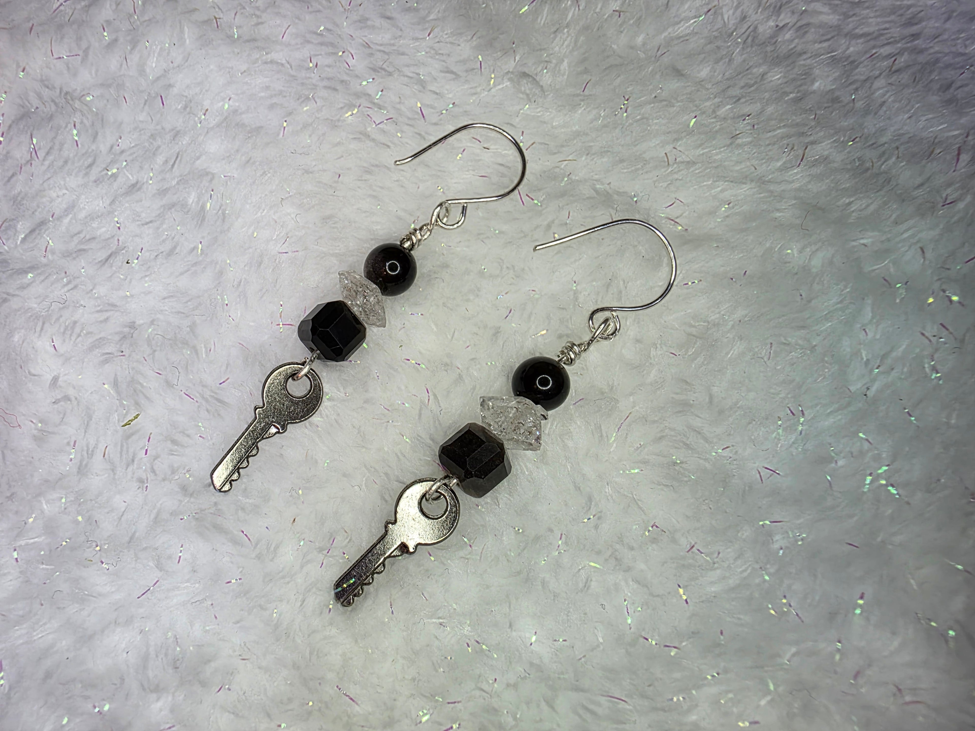 Sterling Silver Key Dangle earrings with Herkimer Diamonds and Silver Obsidian