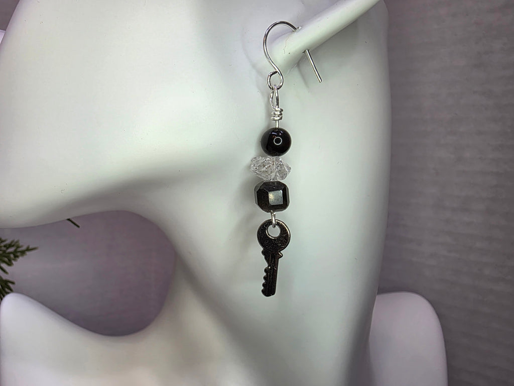 Sterling Silver Key Dangle earrings with Herkimer Diamonds and Silver Obsidian