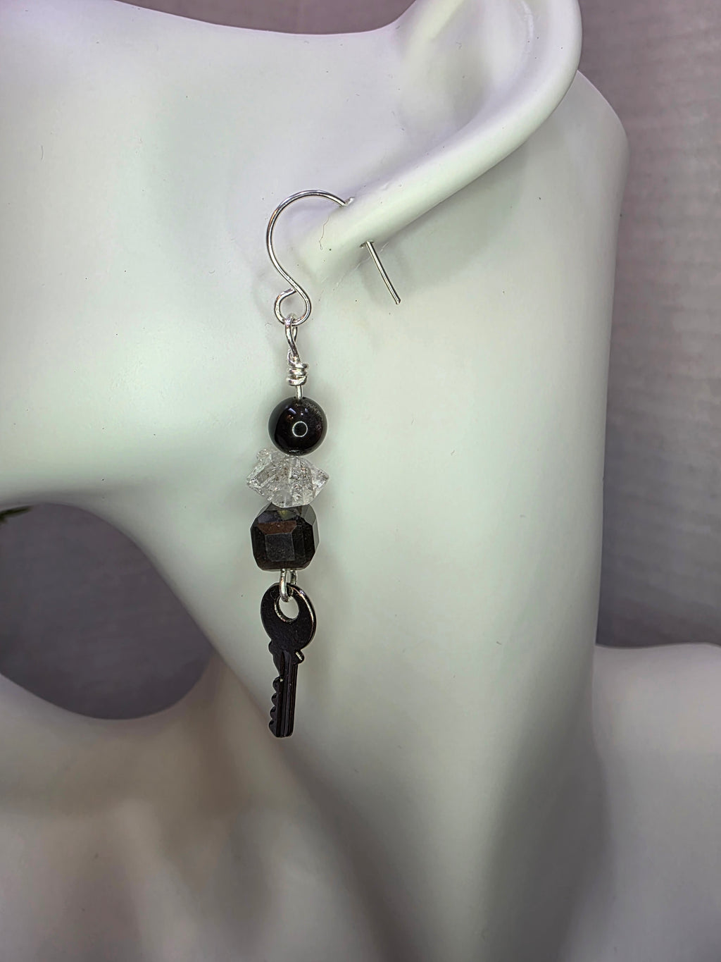 Sterling Silver Key Dangle earrings with Herkimer Diamonds and Silver Obsidian