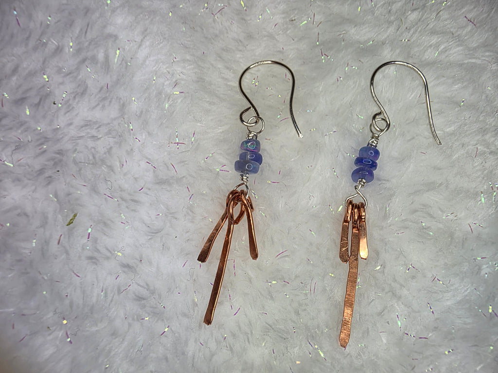Delicate Blue Opal With Copper Dangle Earrings On Sterling Silver Hooks