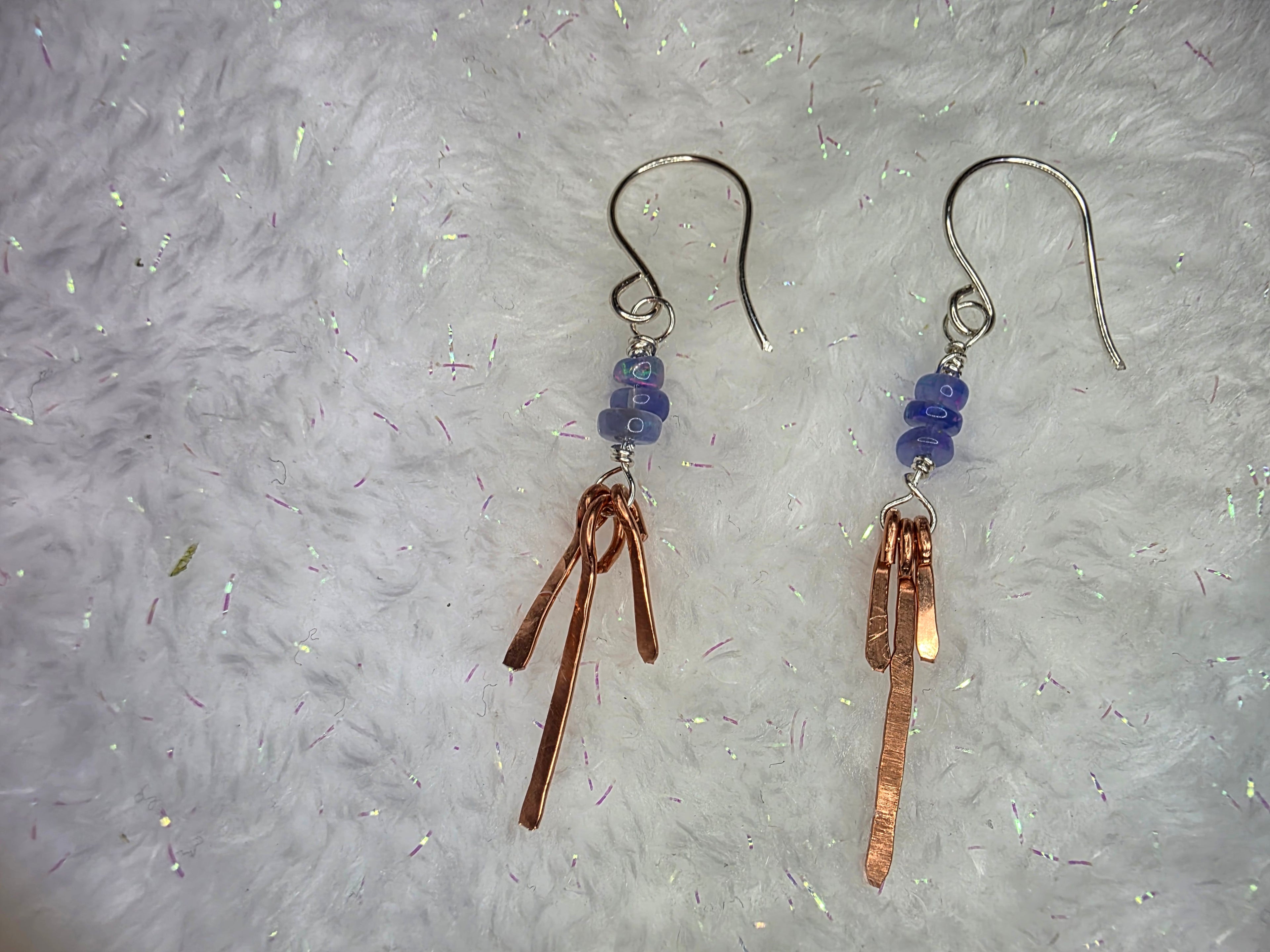 Delicate Blue Opal With Copper Dangle Earrings On Sterling Silver Hooks