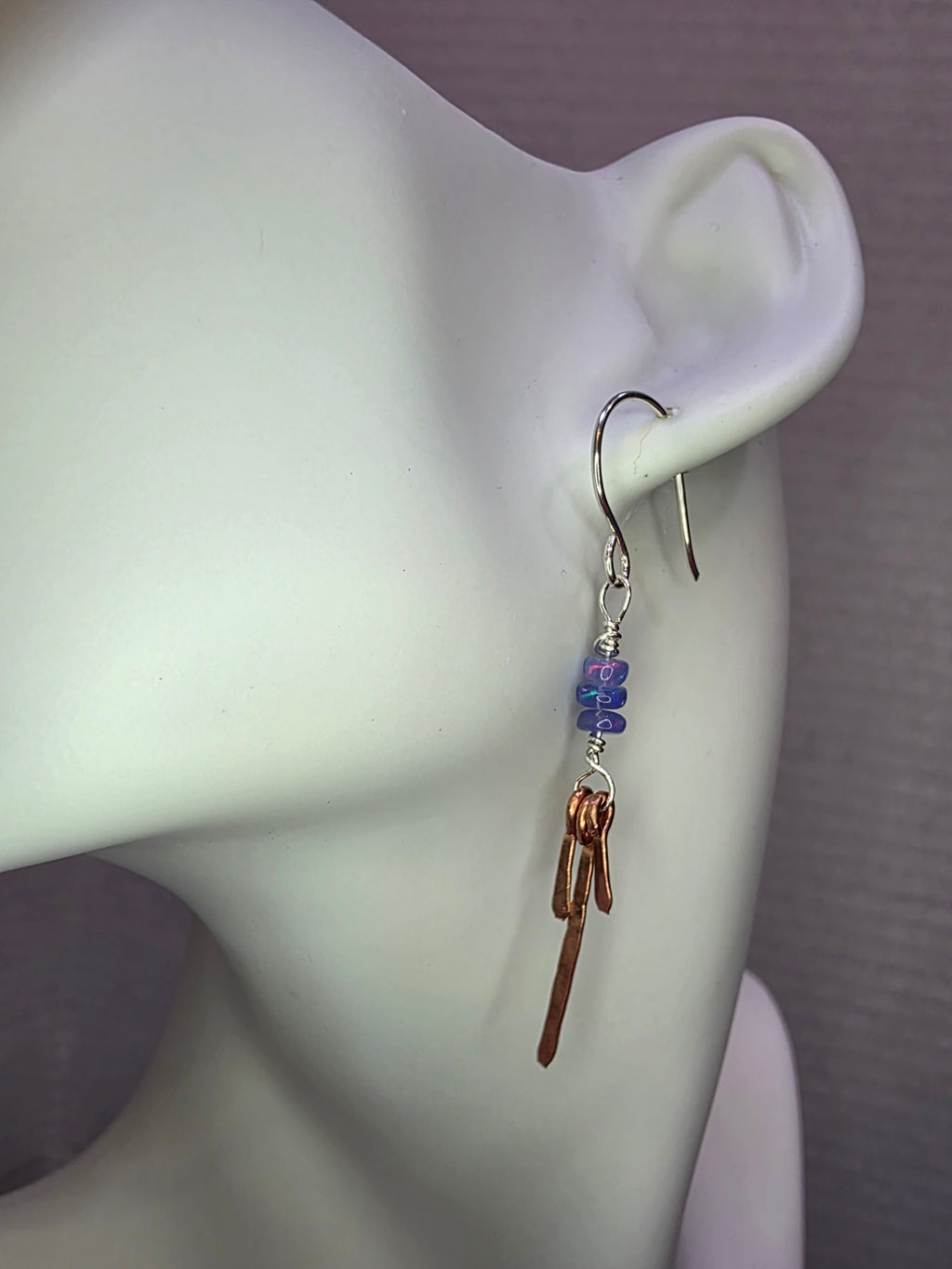 Delicate Blue Opal With Copper Dangle Earrings On Sterling Silver Hooks