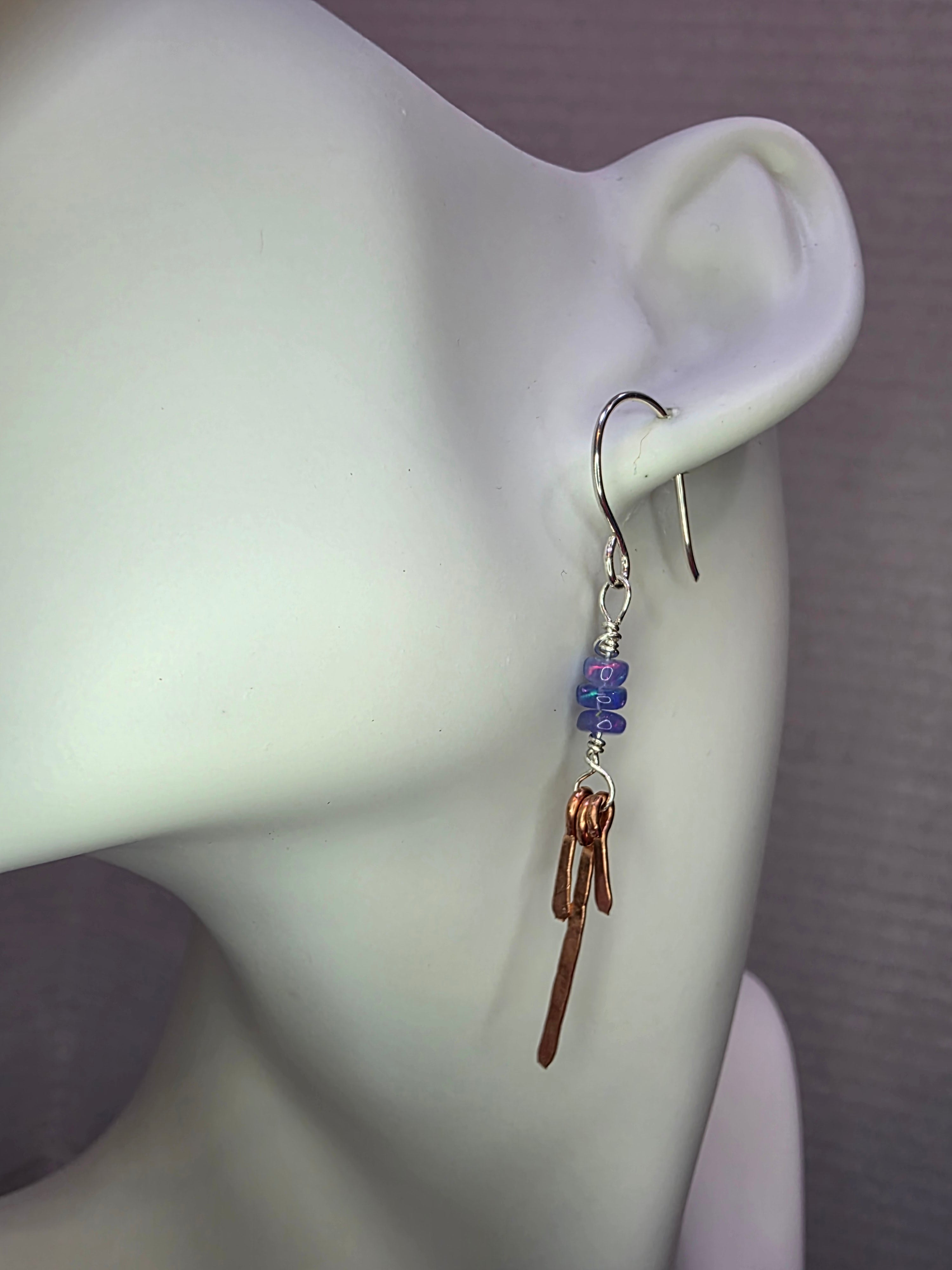 Delicate Blue Opal With Copper Dangle Earrings On Sterling Silver Hooks