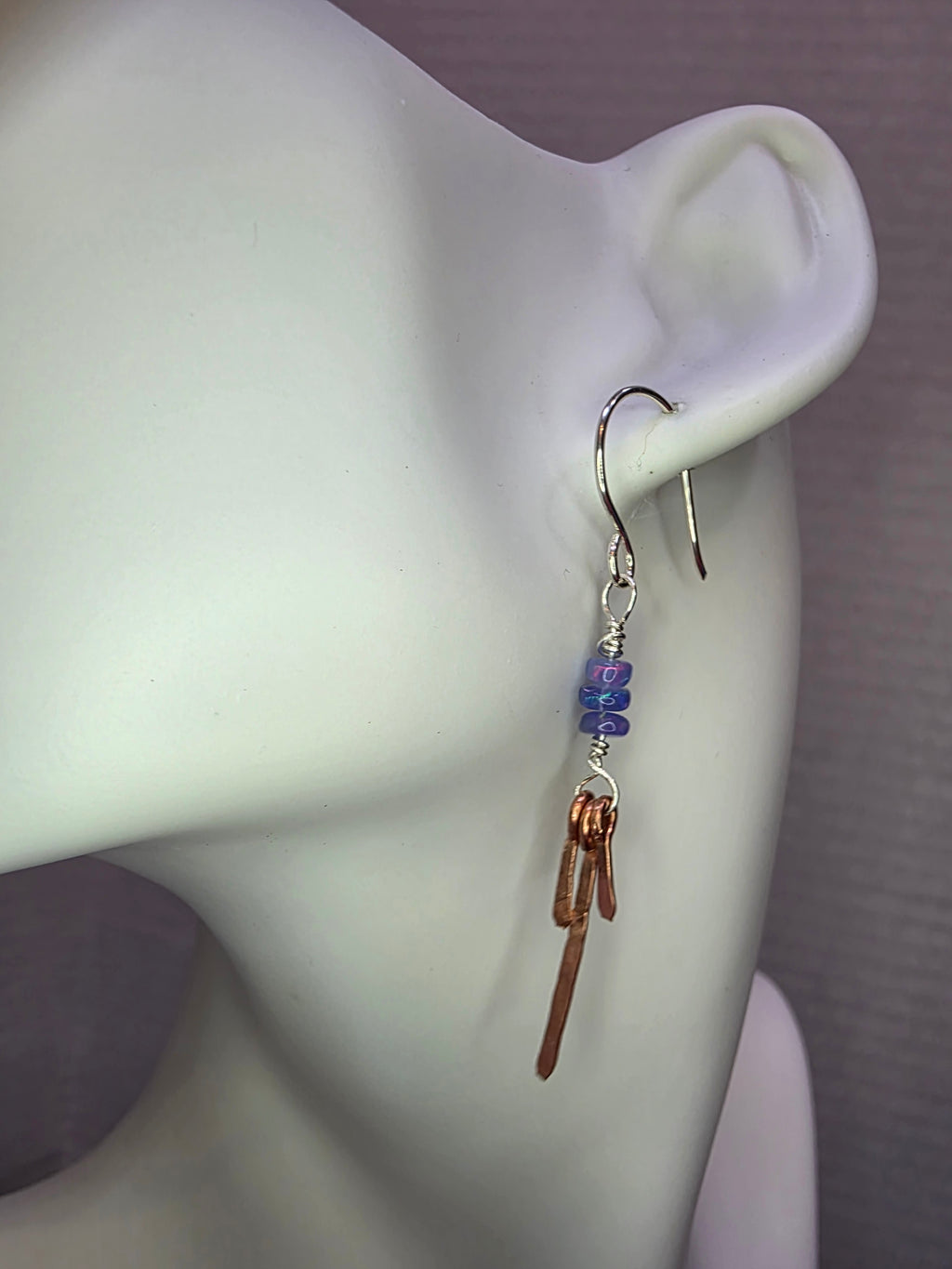 Delicate Blue Opal With Copper Dangle Earrings On Sterling Silver Hooks