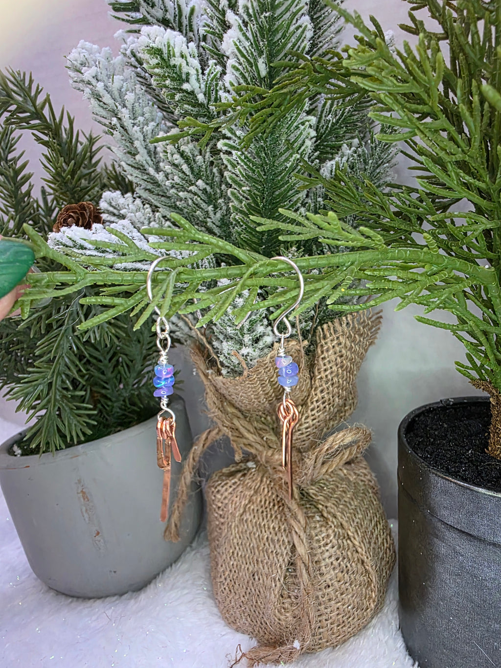 Delicate Blue Opal With Copper Dangle Earrings On Sterling Silver Hooks