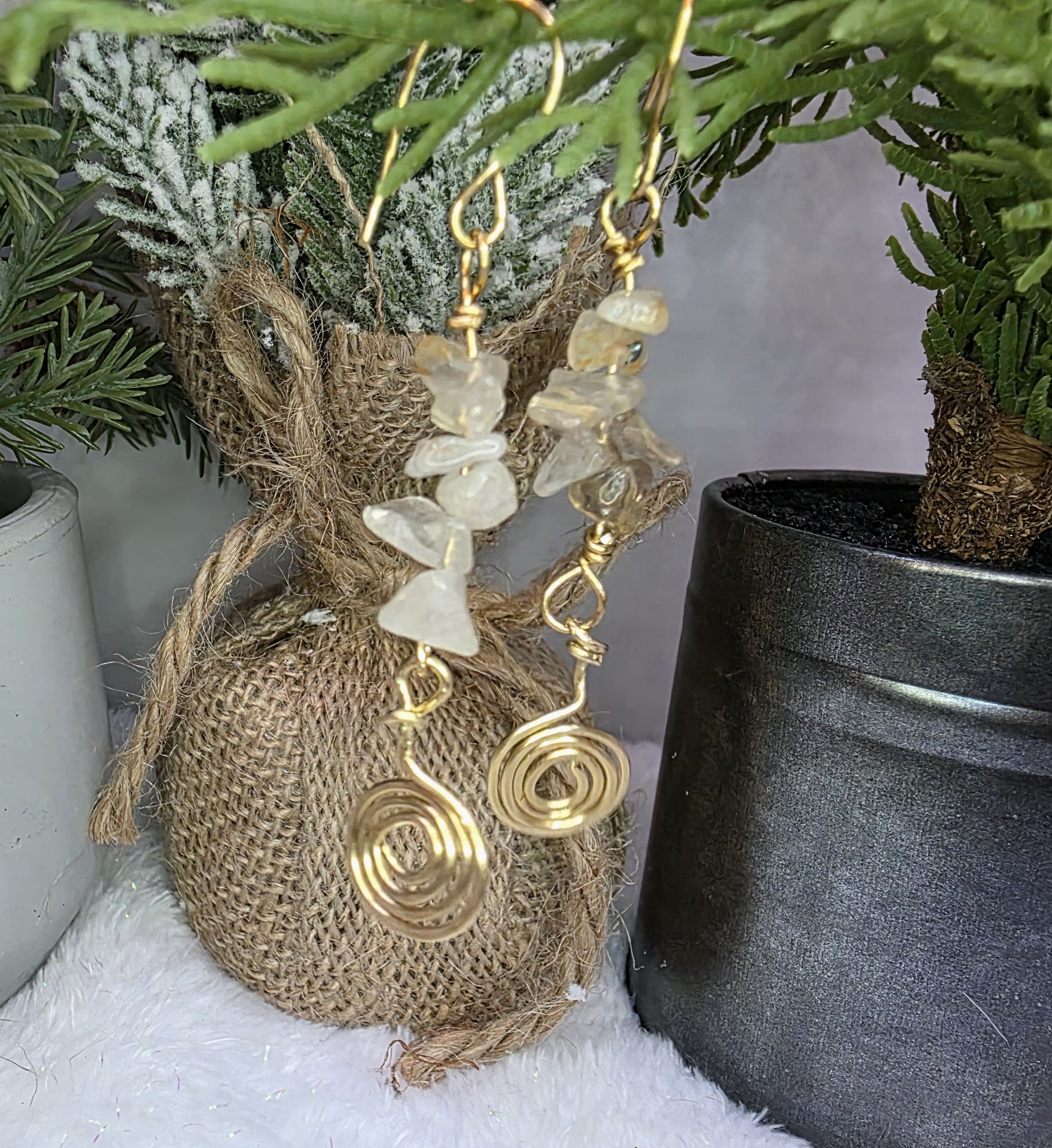 Golden Rutile Quartz With Hammered Spiral Brass Earrings