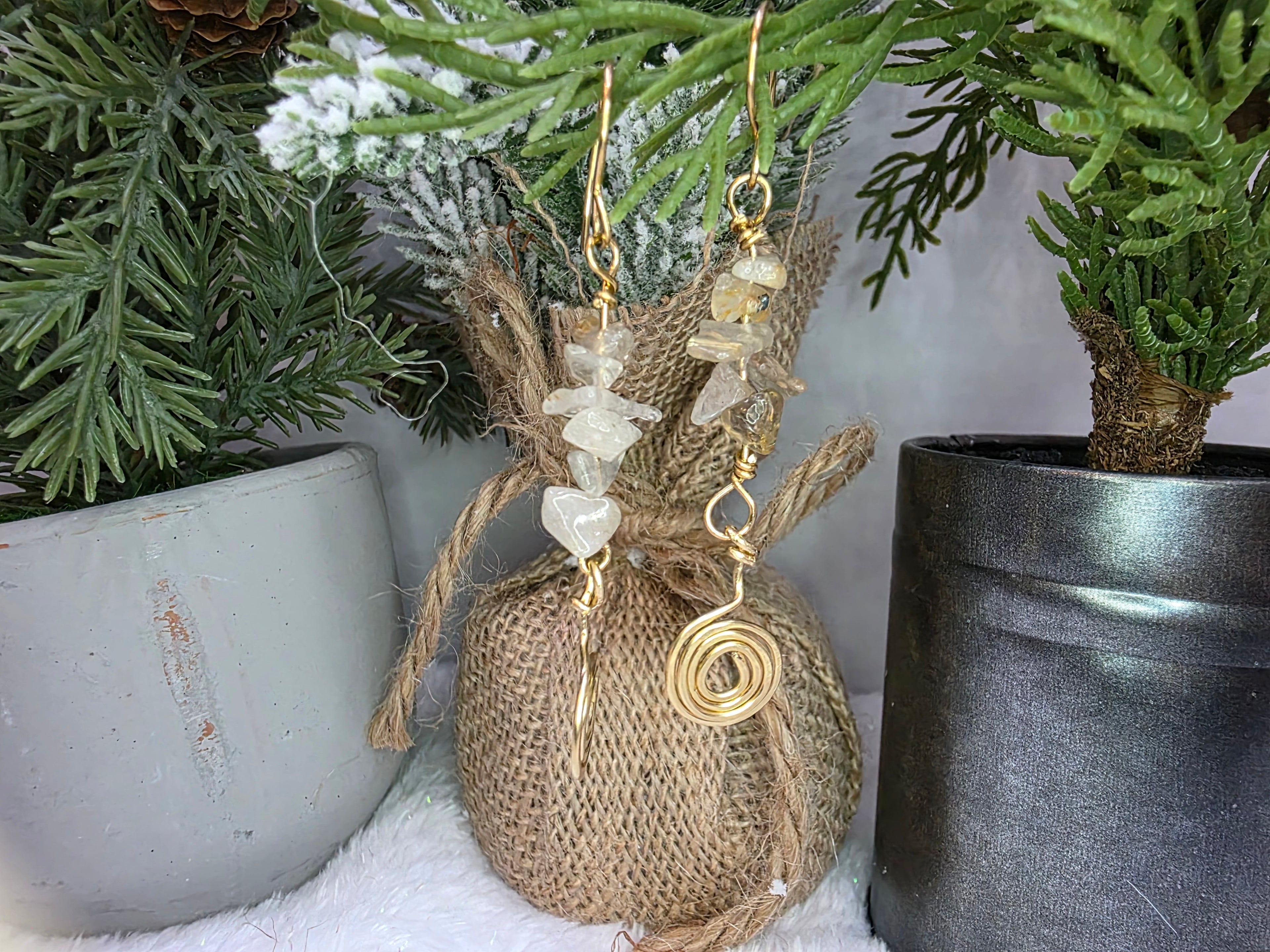 Golden Rutile Quartz With Hammered Spiral Brass Earrings