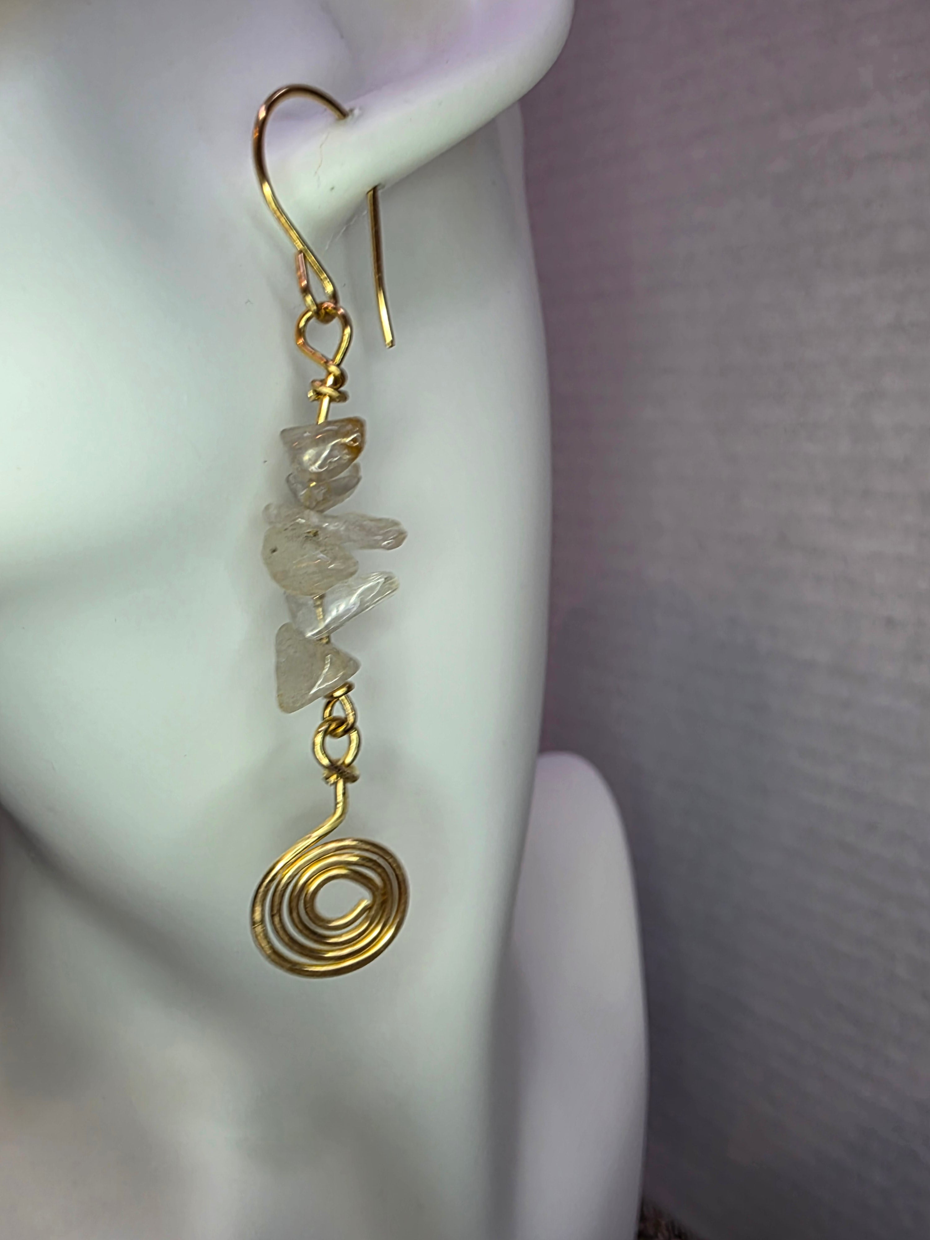 Golden Rutile Quartz With Hammered Spiral Brass Earrings