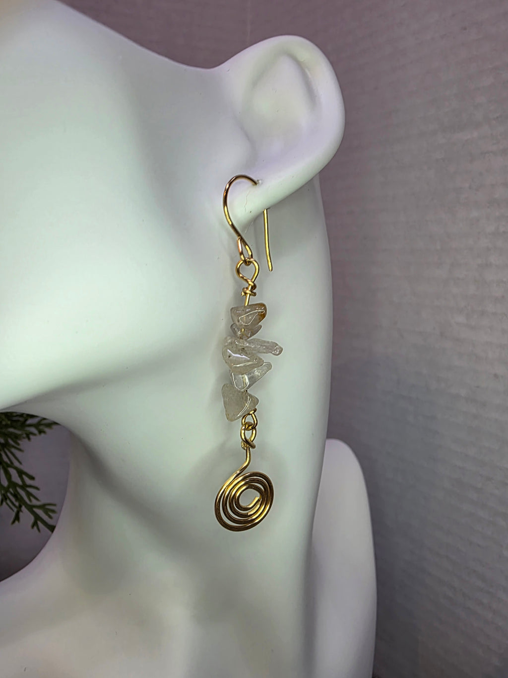 Golden Rutile Quartz With Hammered Spiral Brass Earrings