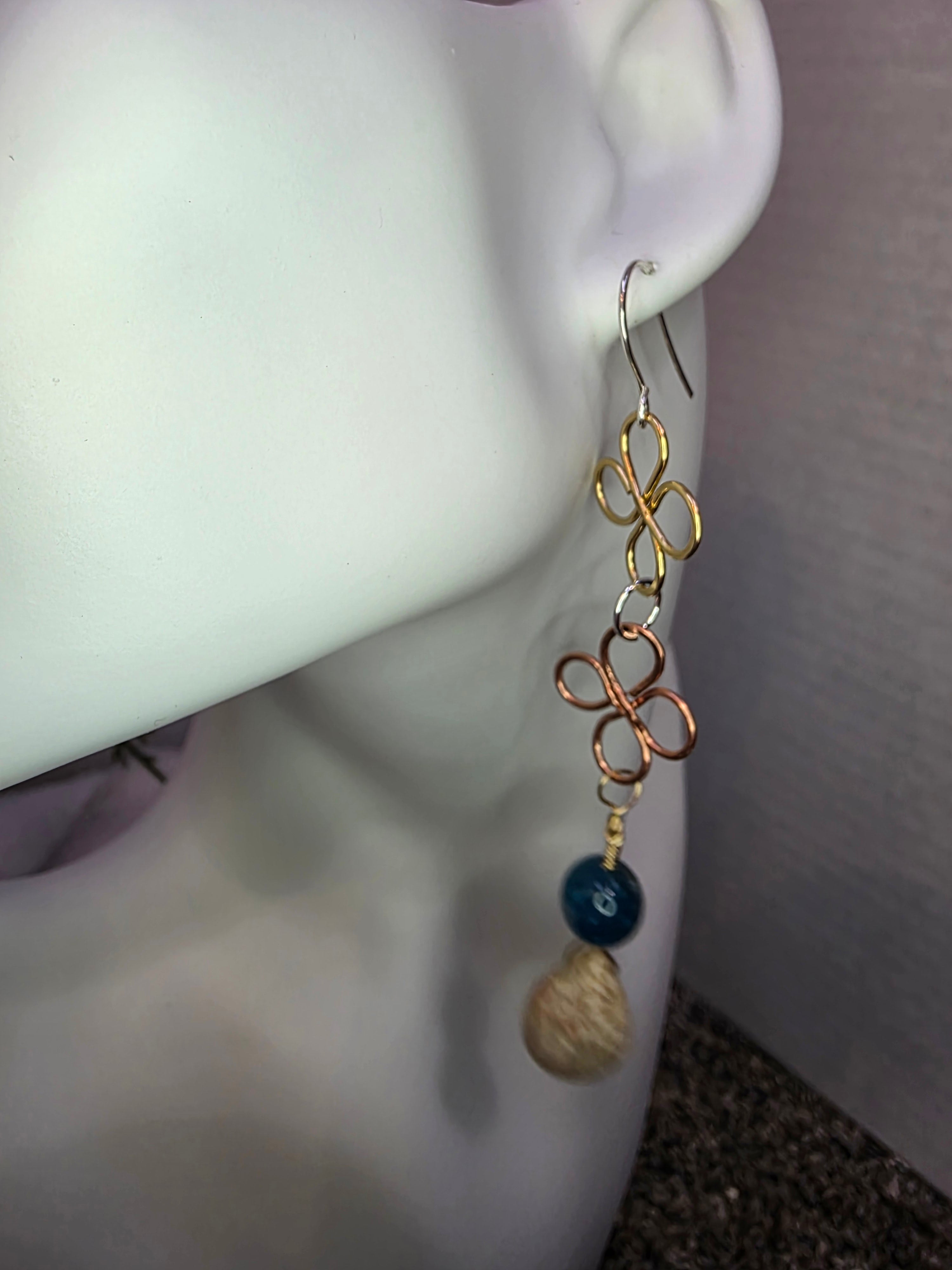 Mixed Metal Coral Drop and Blue Apatite Earrings