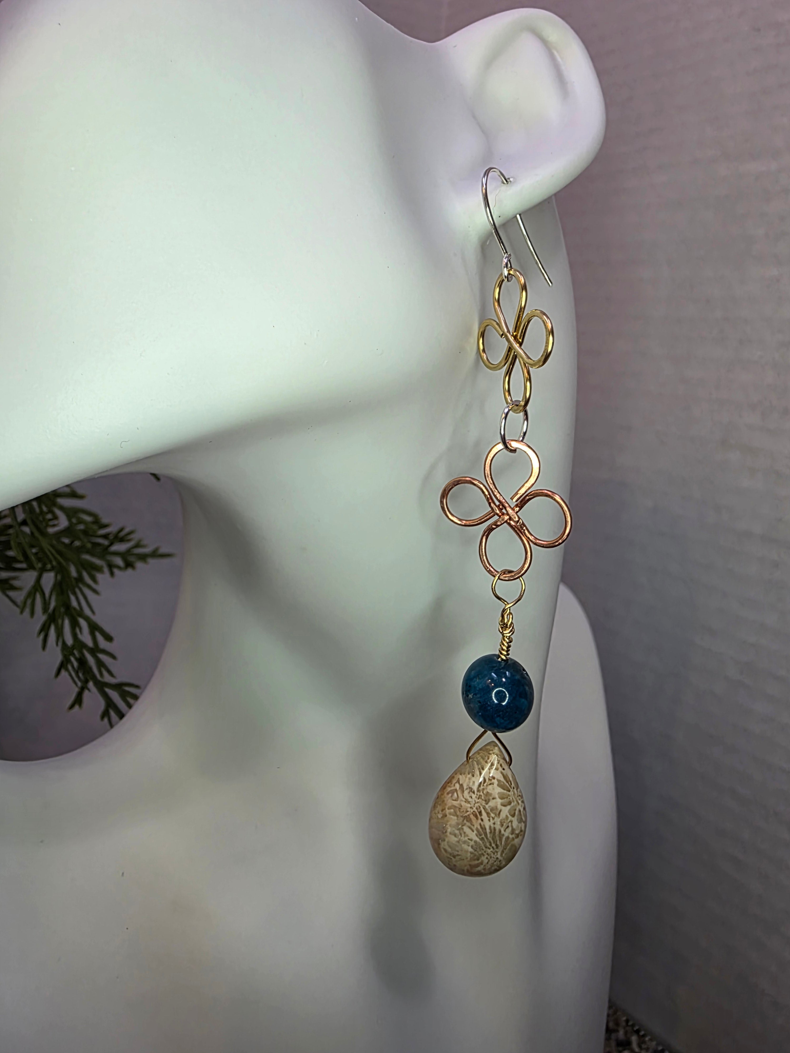 Mixed Metal Coral Drop and Blue Apatite Earrings