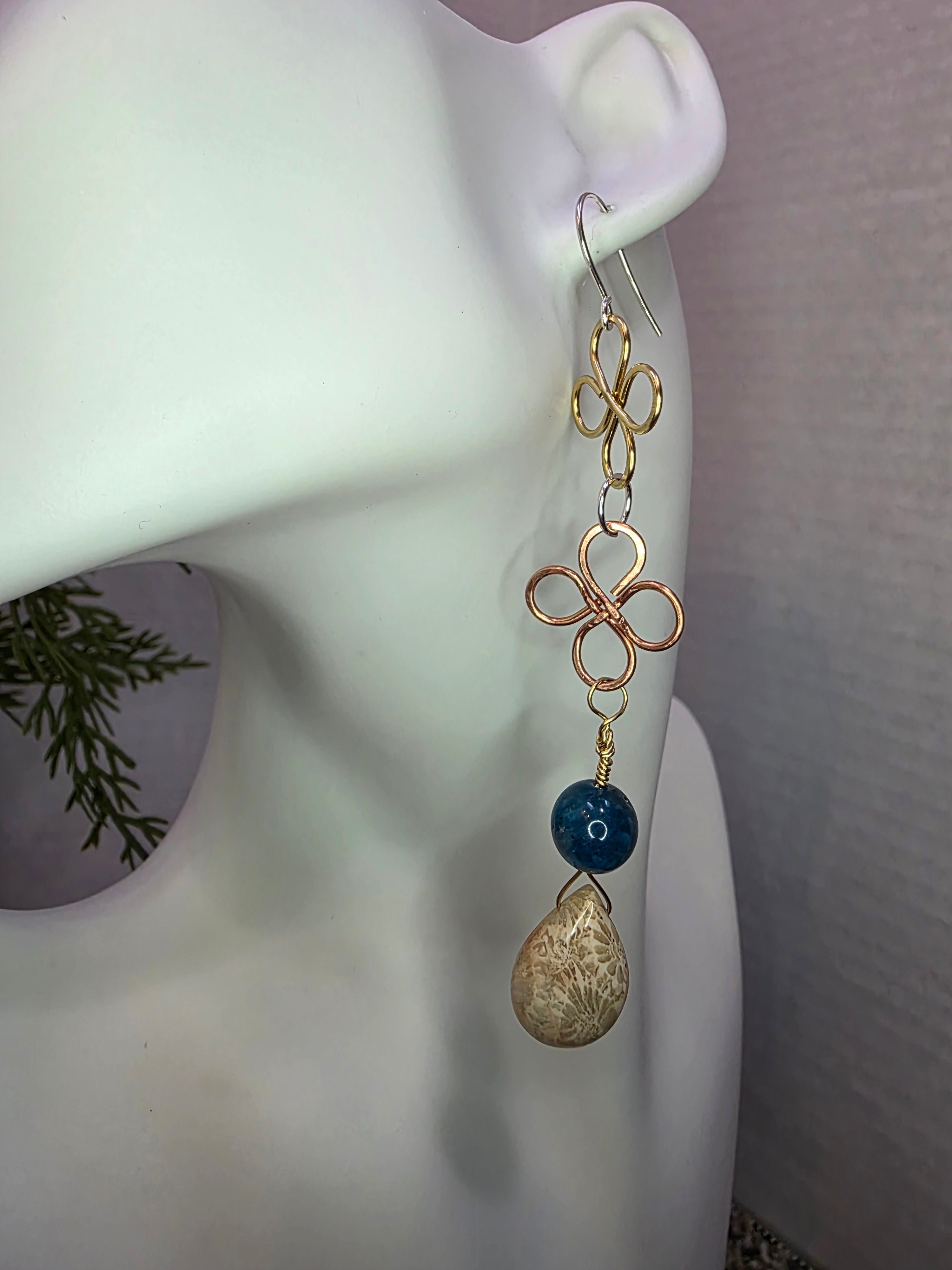 Mixed Metal Coral Drop and Blue Apatite Earrings