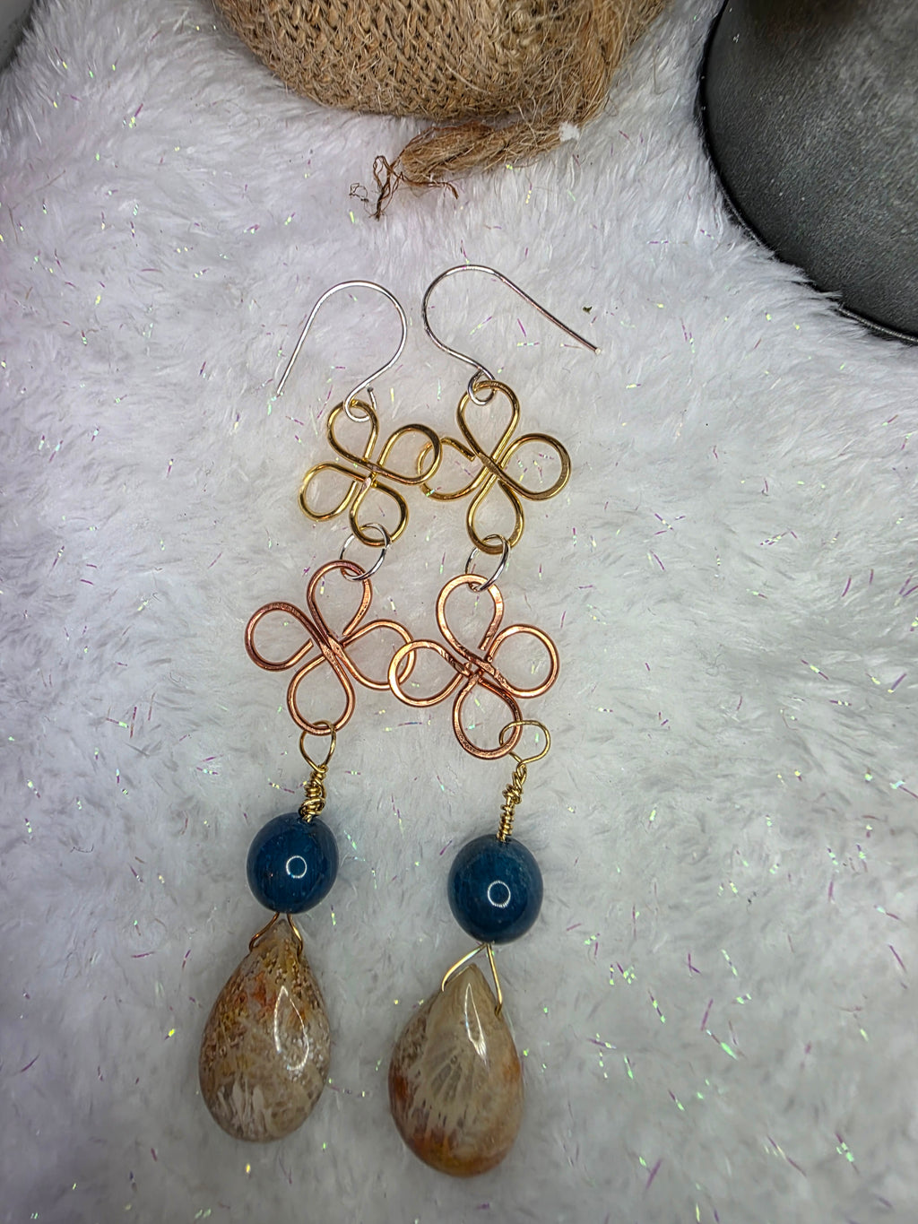 Mixed Metal Coral Drop and Blue Apatite Earrings