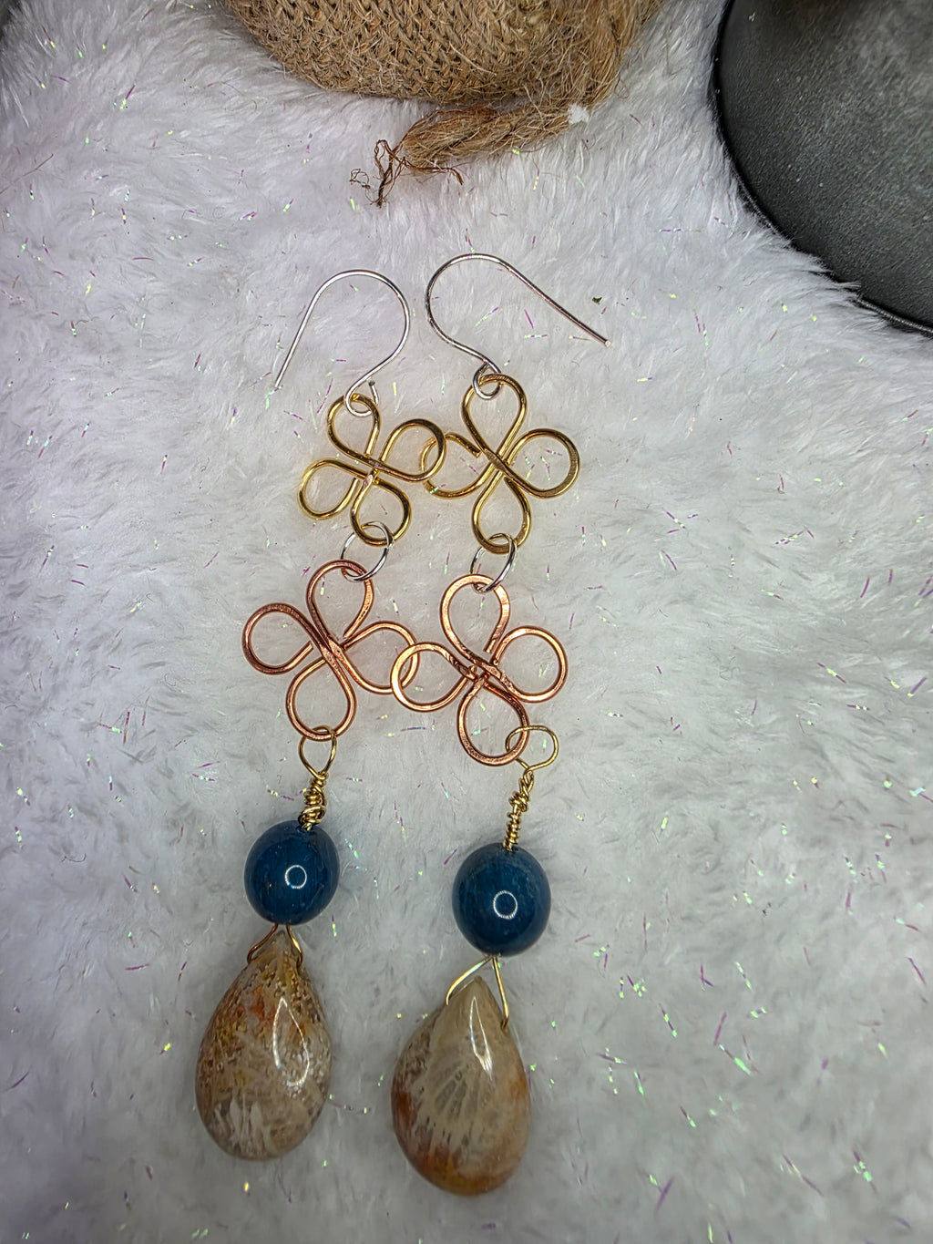 Mixed Metal Coral Drop and Blue Apatite Earrings