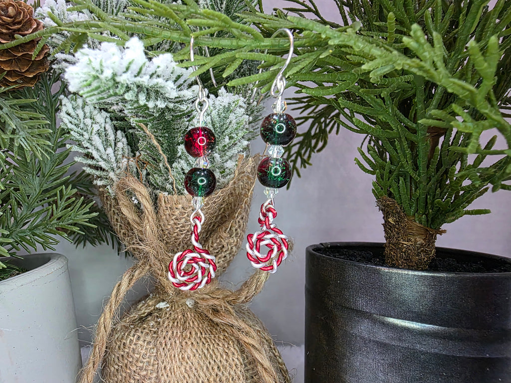 Red and Green Glass Bead Christmas Earrings With Peppermint Candy Cane Swirl Sterling Silver Hooks