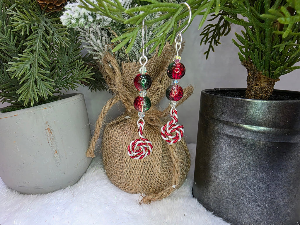 Red and Green Glass Bead Christmas Earrings With Peppermint Candy Cane Swirl Sterling Silver Hooks