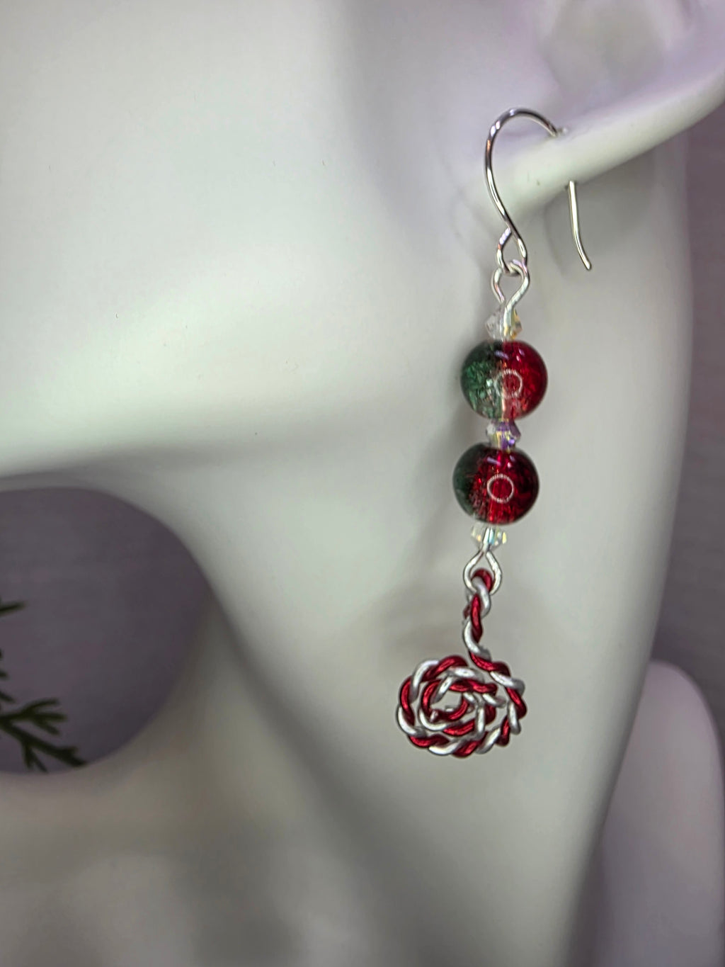 Red and Green Glass Bead Christmas Earrings With Peppermint Candy Cane Swirl Sterling Silver Hooks