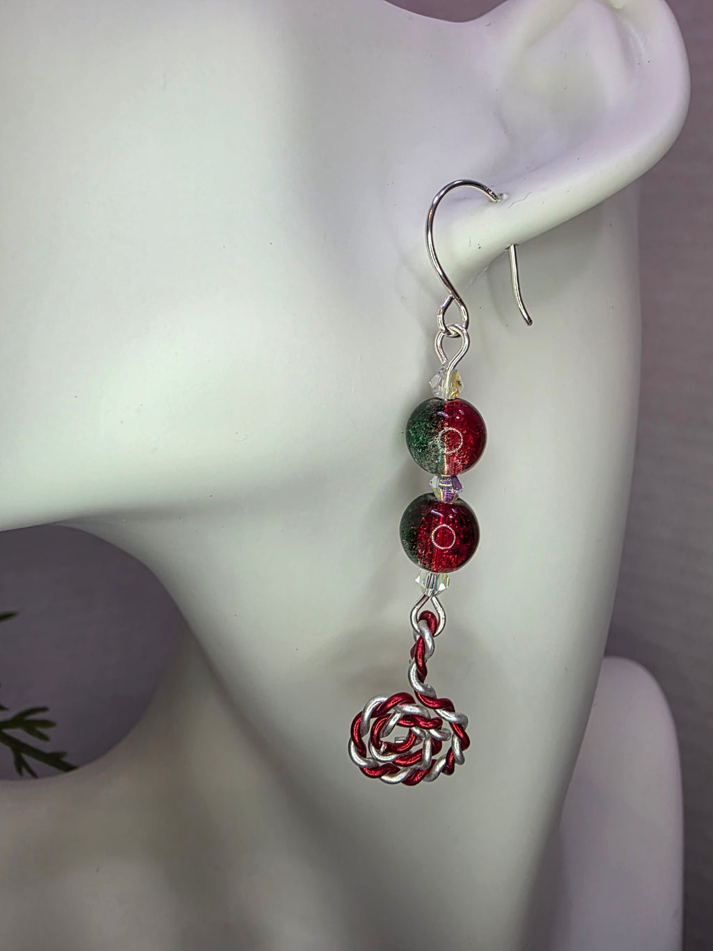 Red and Green Glass Bead Christmas Earrings With Peppermint Candy Cane Swirl Sterling Silver Hooks