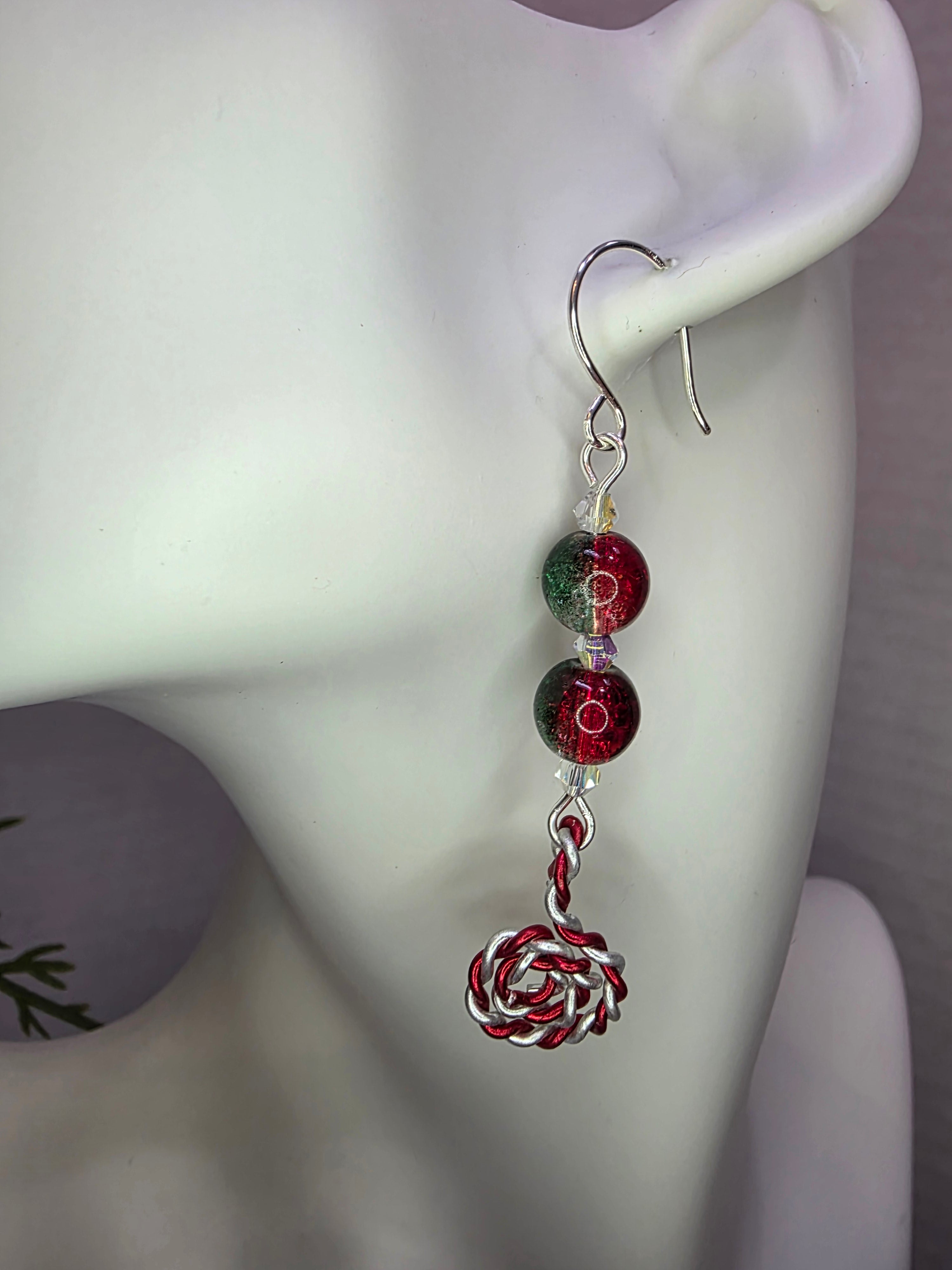 Red and Green Glass Bead Christmas Earrings With Peppermint Candy Cane Swirl Sterling Silver Hooks