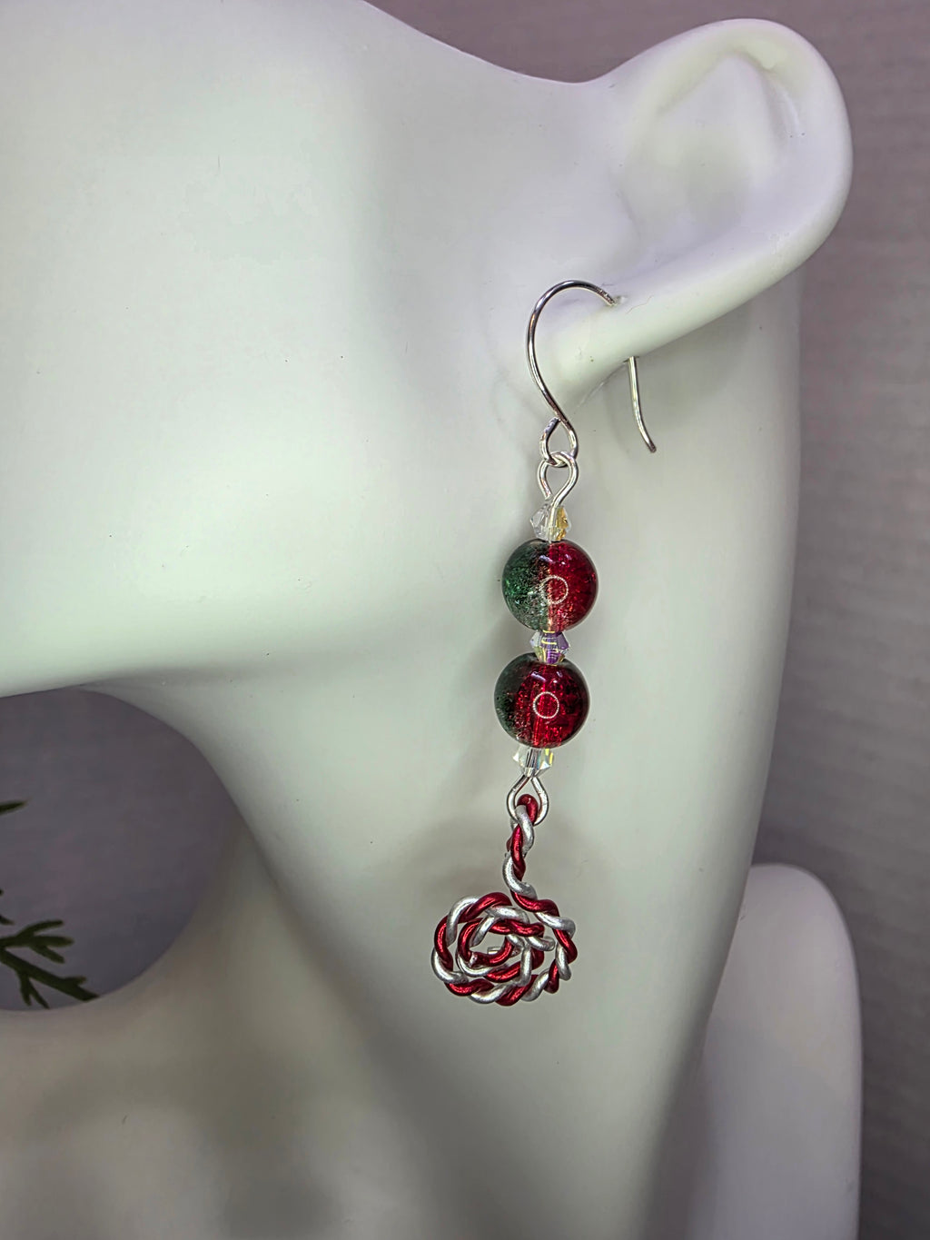 Red and Green Glass Bead Christmas Earrings With Peppermint Candy Cane Swirl Sterling Silver Hooks