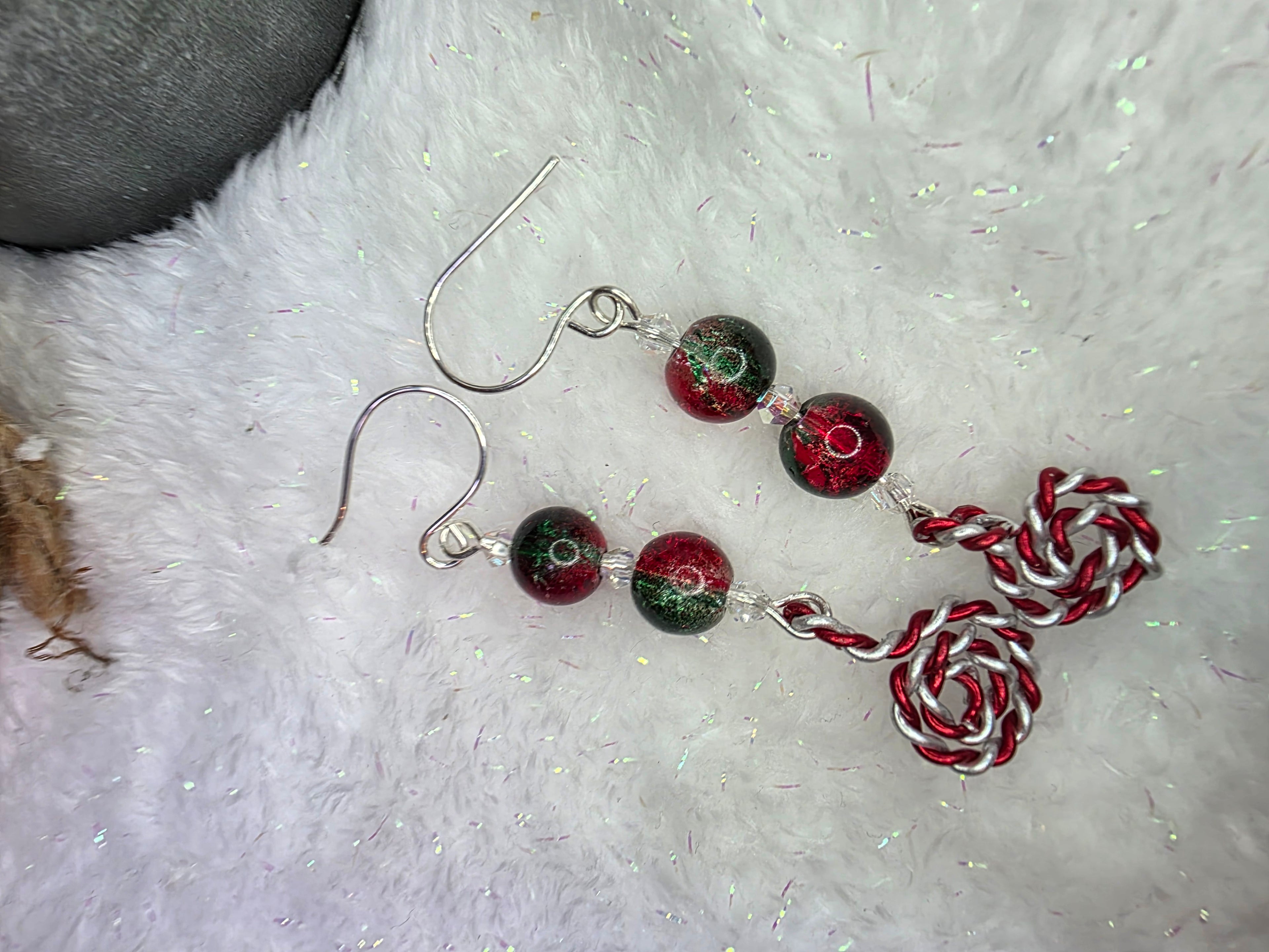 Red and Green Glass Bead Christmas Earrings With Peppermint Candy Cane Swirl Sterling Silver Hooks