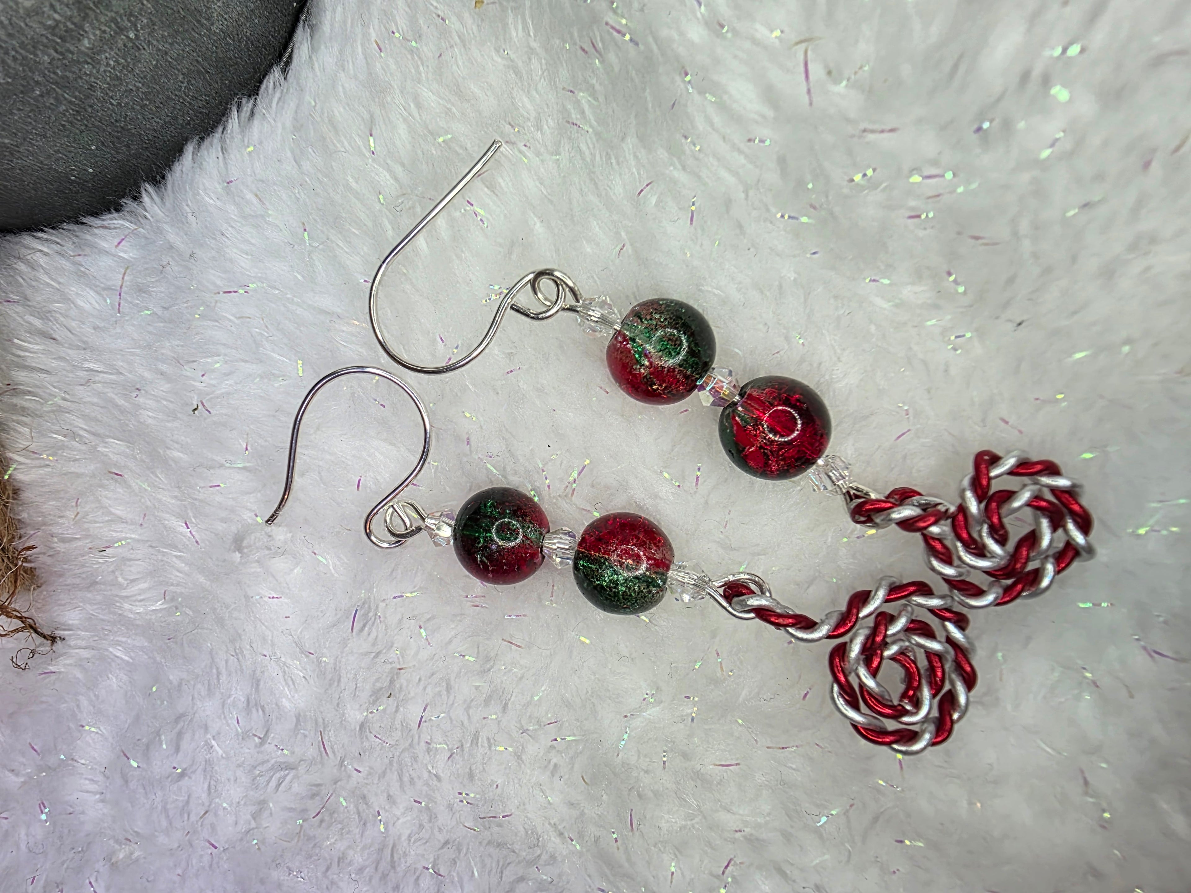 Red and Green Glass Bead Christmas Earrings With Peppermint Candy Cane Swirl Sterling Silver Hooks