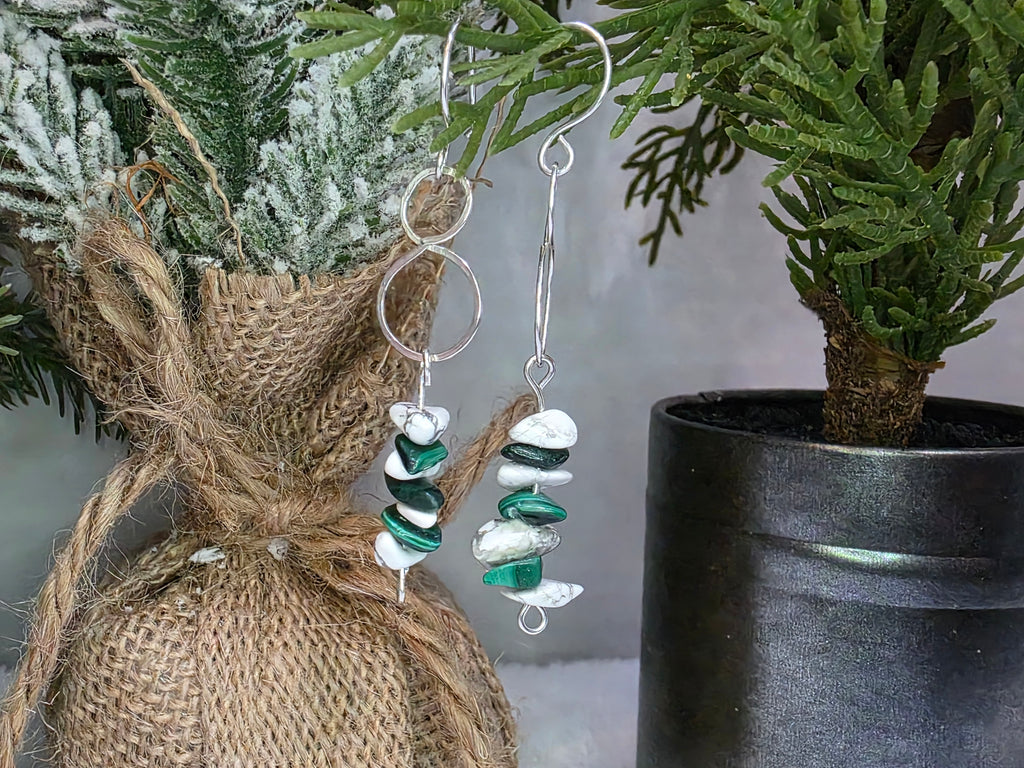 Howlite and Malachite Chip Dangle Drop Sterling Silver Wire Wrapped Earrings with Figure 8 Hammered Accessory