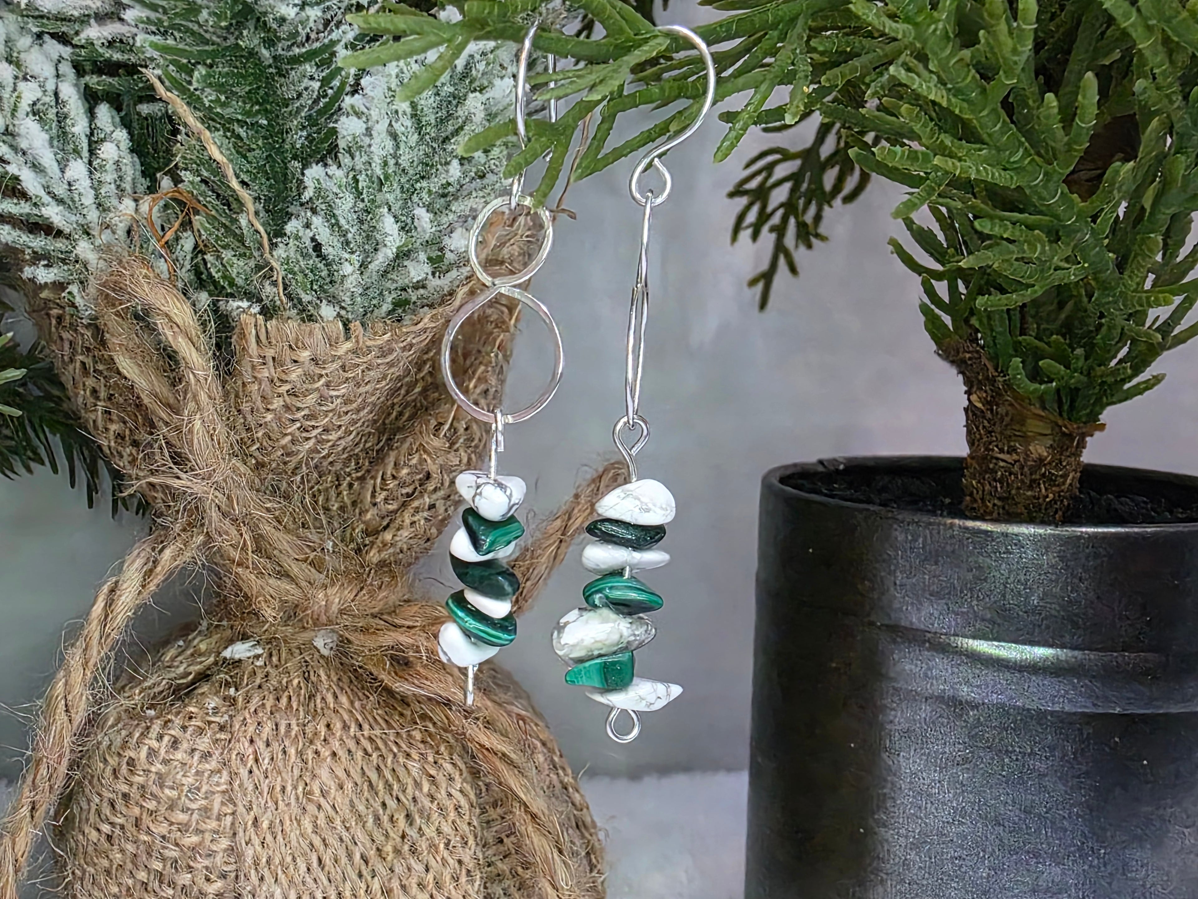 Howlite and Malachite Chip Dangle Drop Sterling Silver Wire Wrapped Earrings with Figure 8 Hammered Accessory