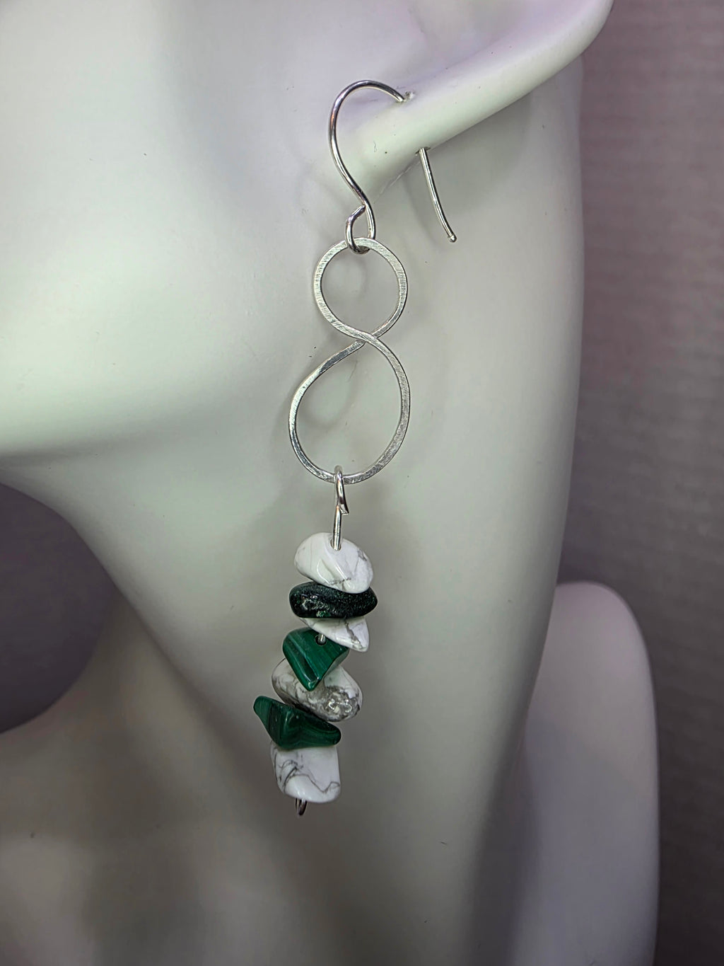 Howlite and Malachite Chip Dangle Drop Sterling Silver Wire Wrapped Earrings with Figure 8 Hammered Accessory