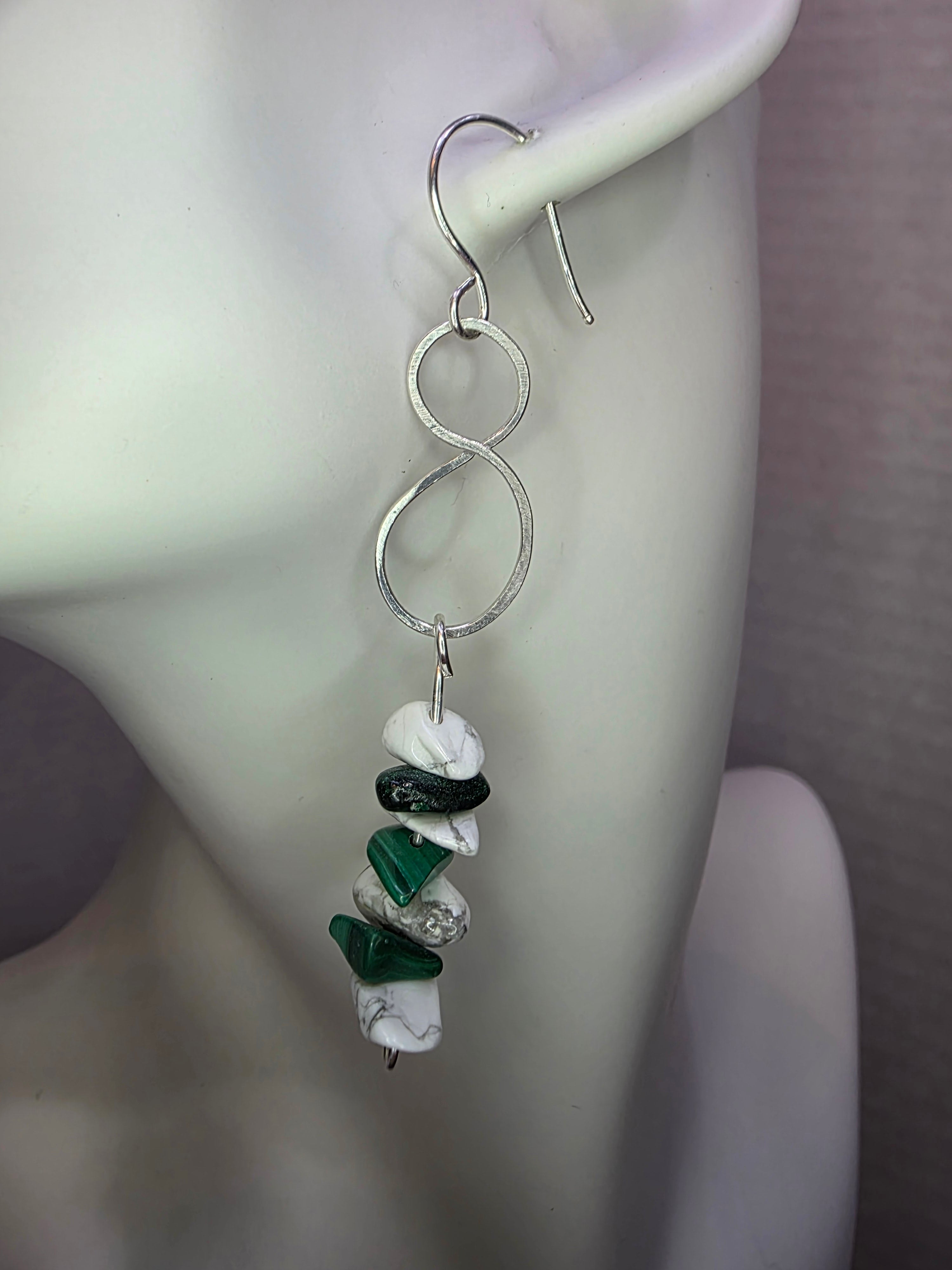 Howlite and Malachite Chip Dangle Drop Sterling Silver Wire Wrapped Earrings with Figure 8 Hammered Accessory