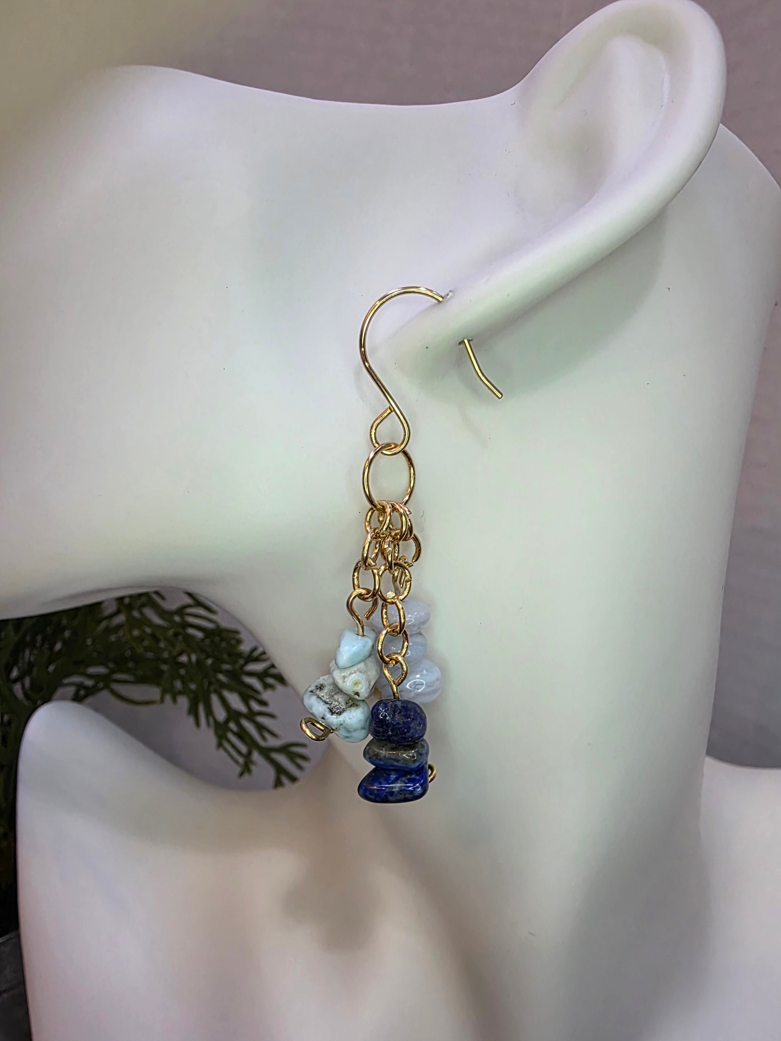 Lapis Lazuli, Larimar and Blue Lace Agate Dangle Earrings on Brass Hooks