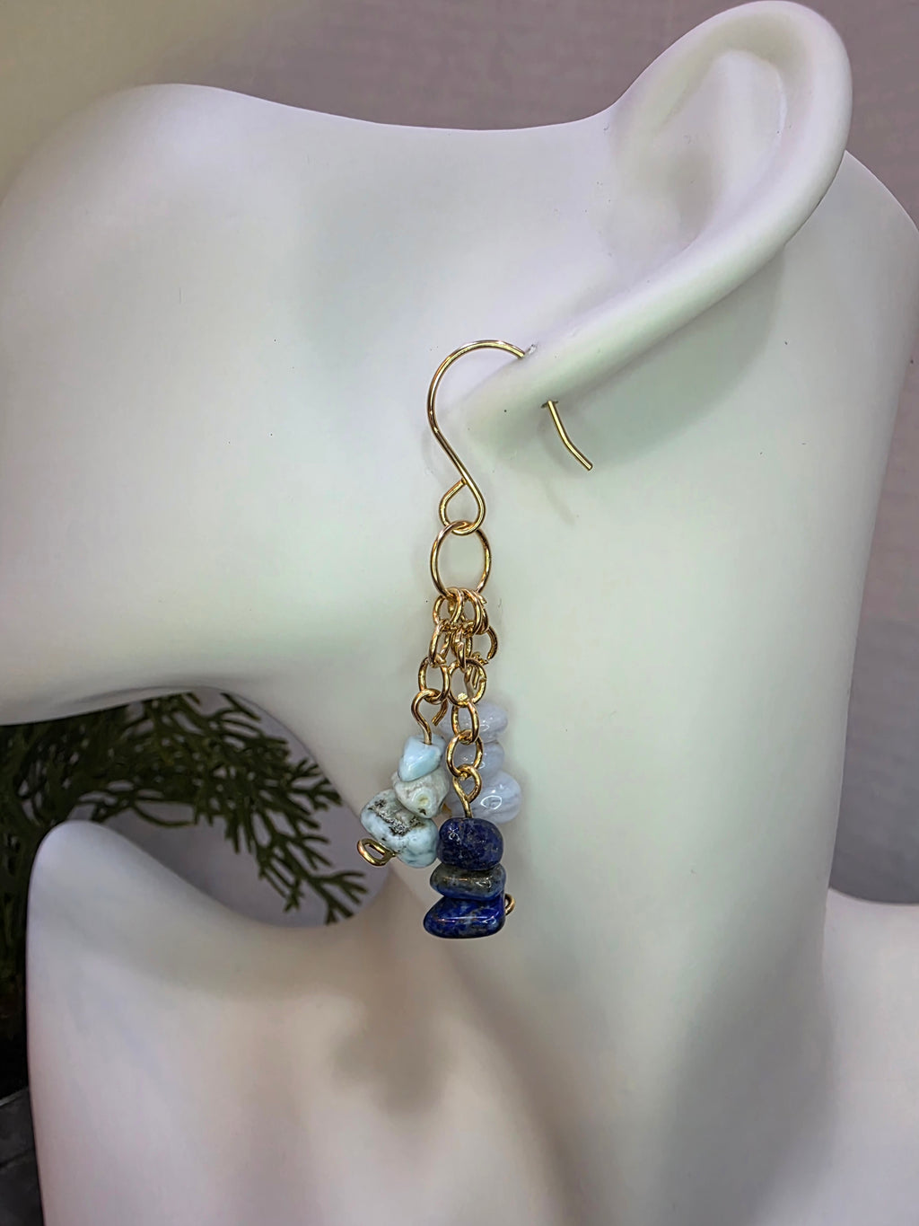 Lapis Lazuli, Larimar and Blue Lace Agate Dangle Earrings on Brass Hooks