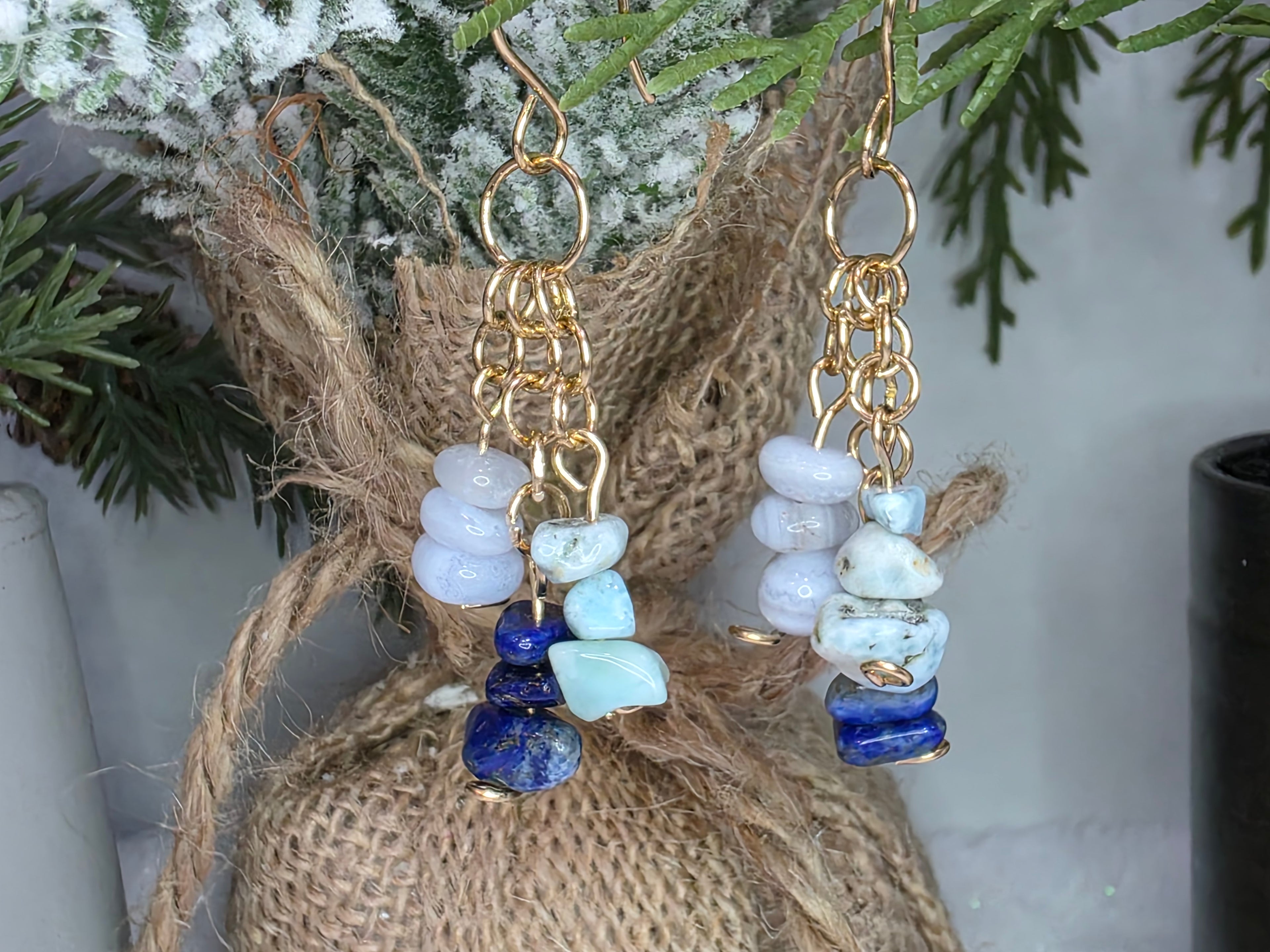 Lapis Lazuli, Larimar and Blue Lace Agate Dangle Earrings on Brass Hooks