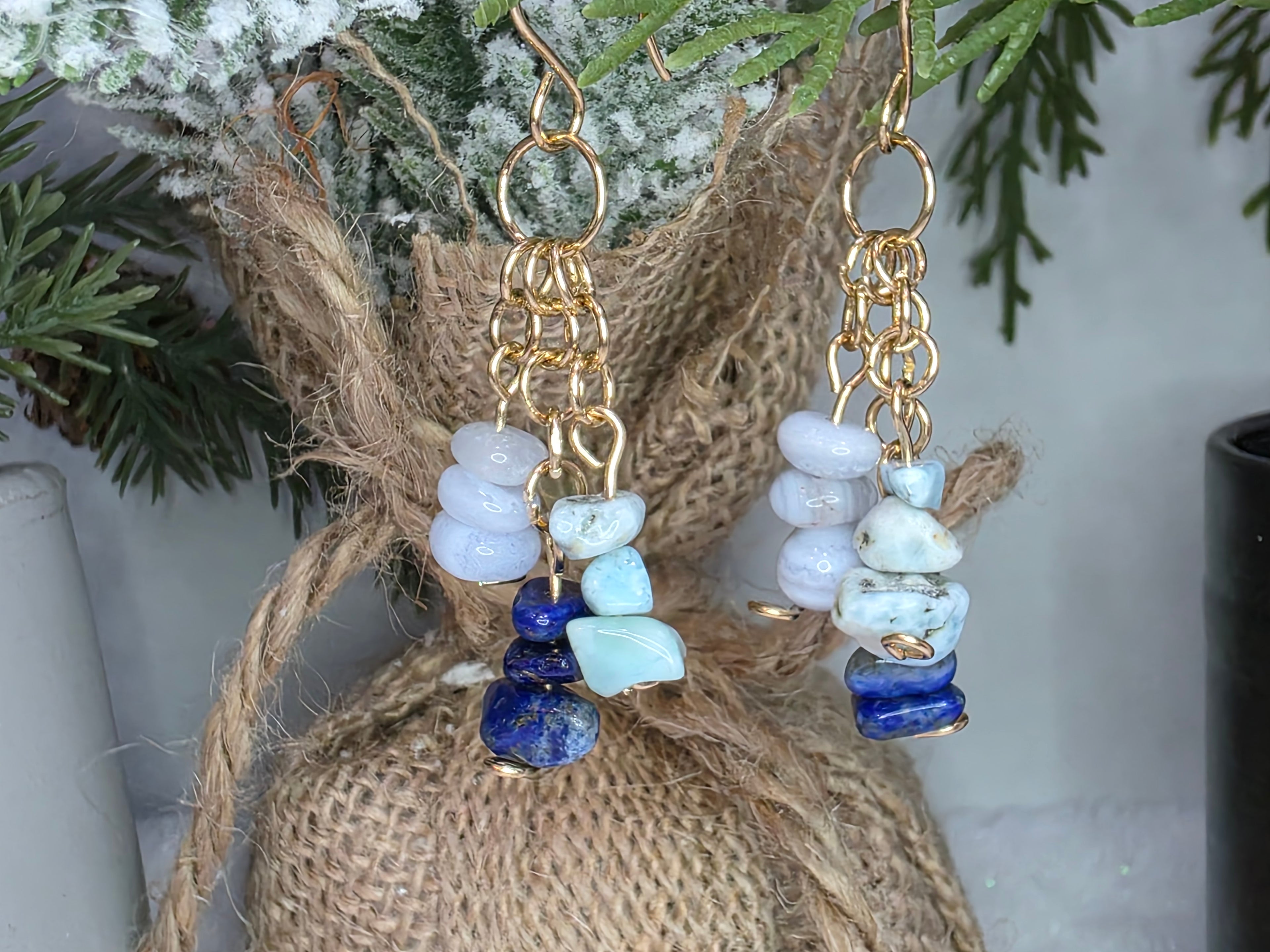 Lapis Lazuli, Larimar and Blue Lace Agate Dangle Earrings on Brass Hooks