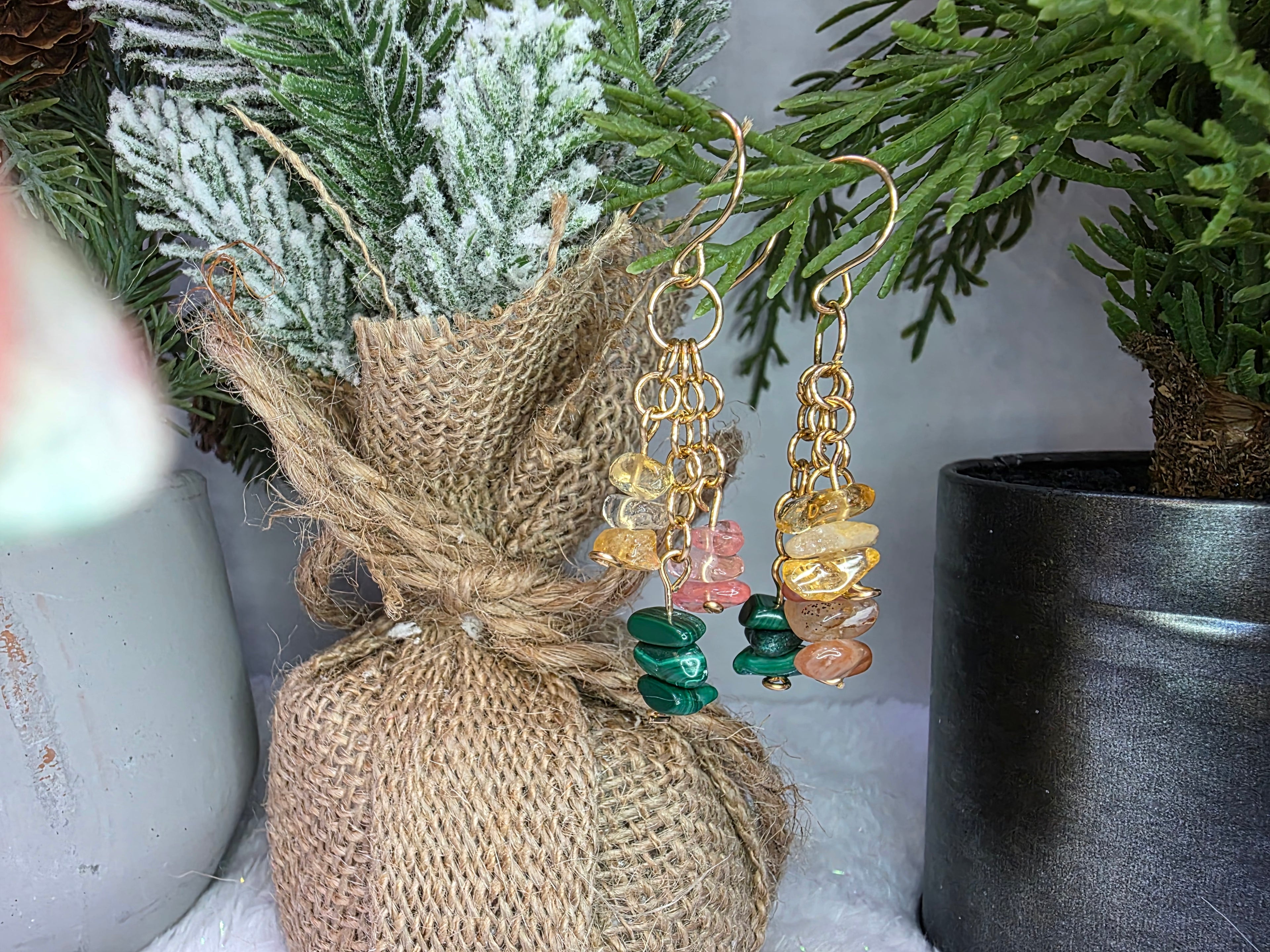 Handmade Brass Earrings with Citrine, Malachite and Watermelon Quartz Chips