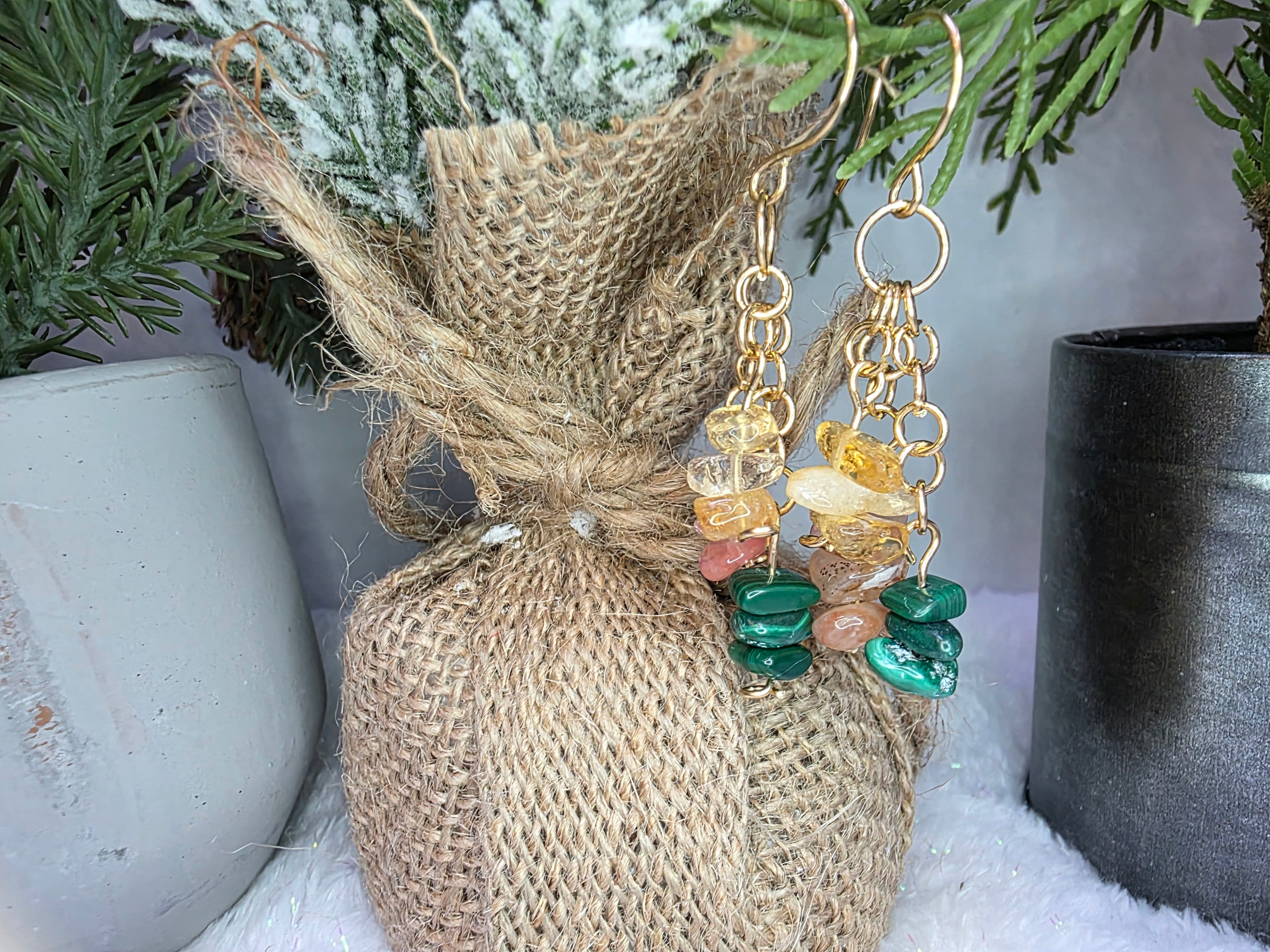Handmade Brass Earrings with Citrine, Malachite and Watermelon Quartz Chips