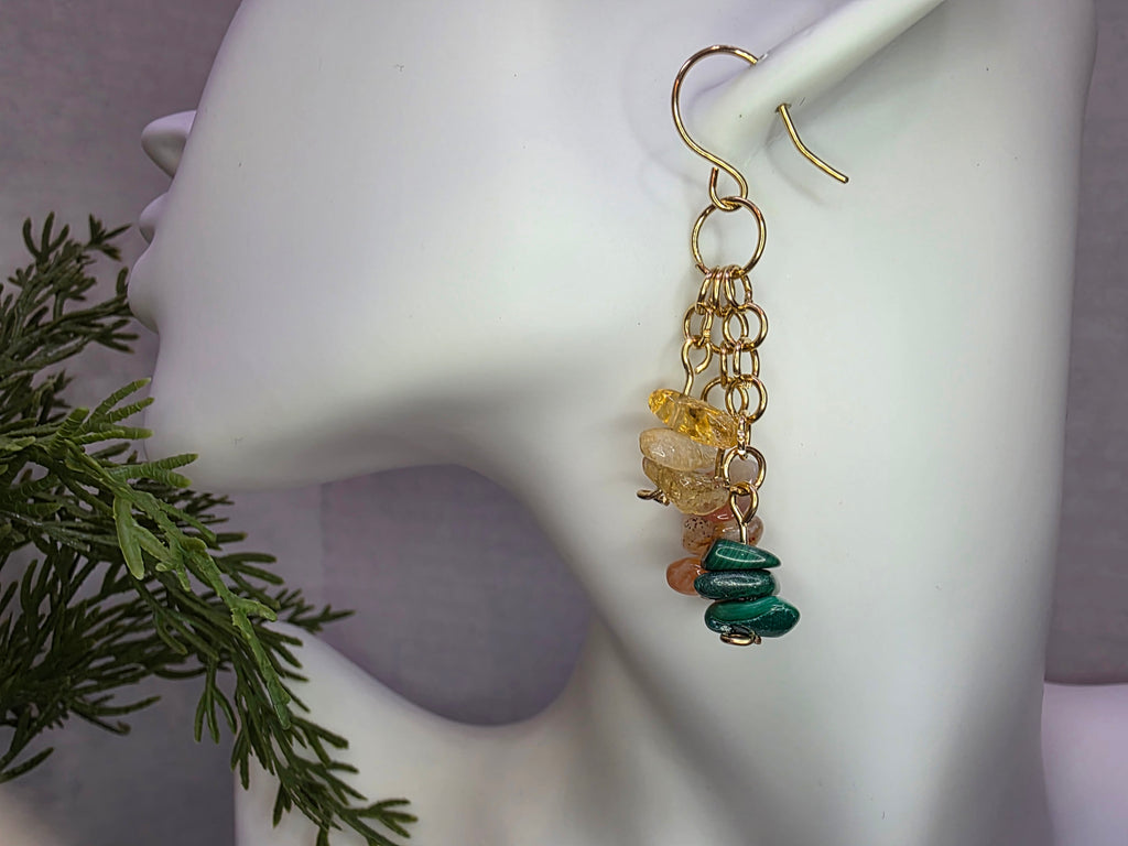 Handmade Brass Earrings with Citrine, Malachite and Watermelon Quartz Chips