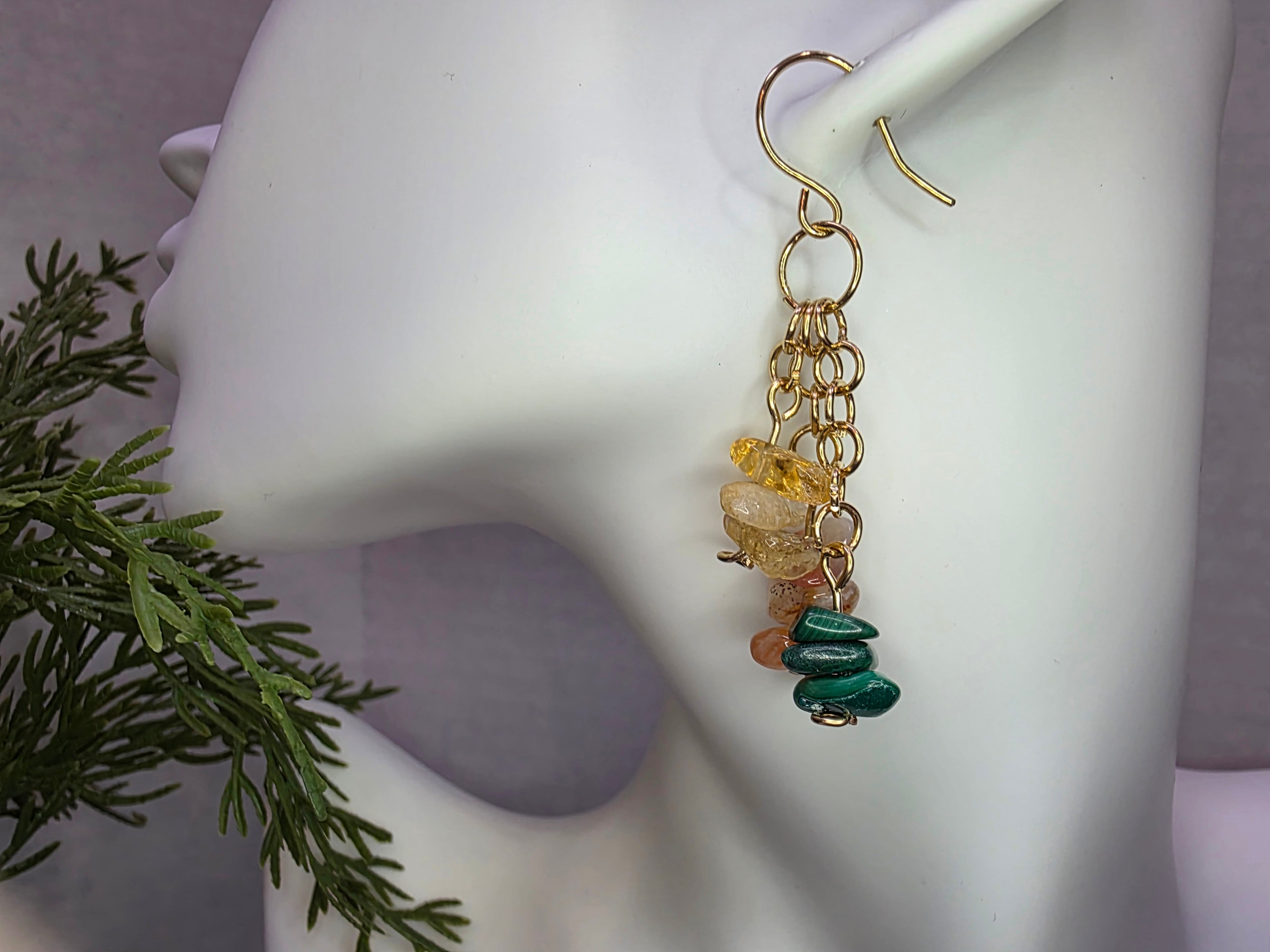 Handmade Brass Earrings with Citrine, Malachite and Watermelon Quartz Chips