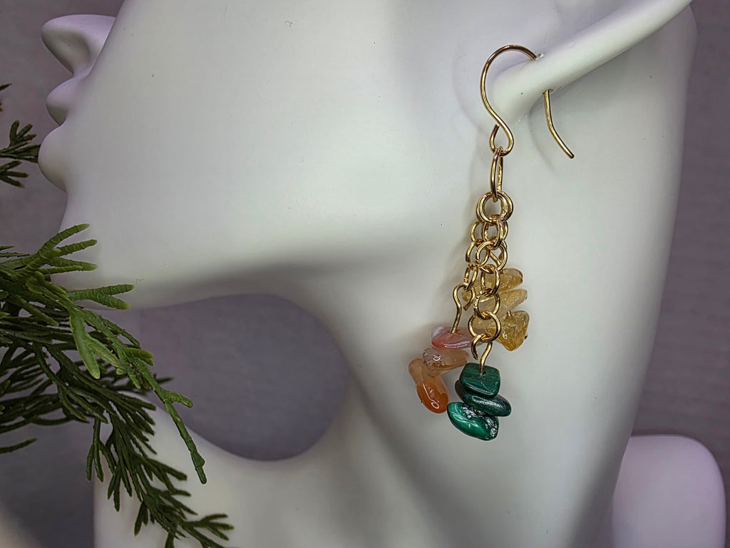 Handmade Brass Earrings with Citrine, Malachite and Watermelon Quartz Chips