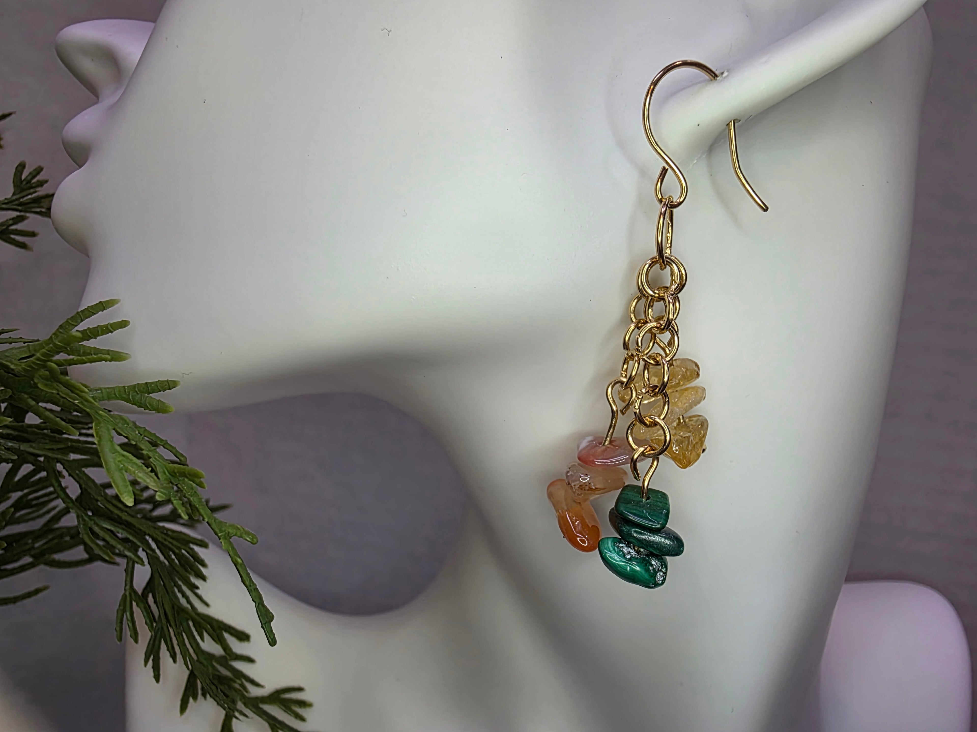 Handmade Brass Earrings with Citrine, Malachite and Watermelon Quartz Chips